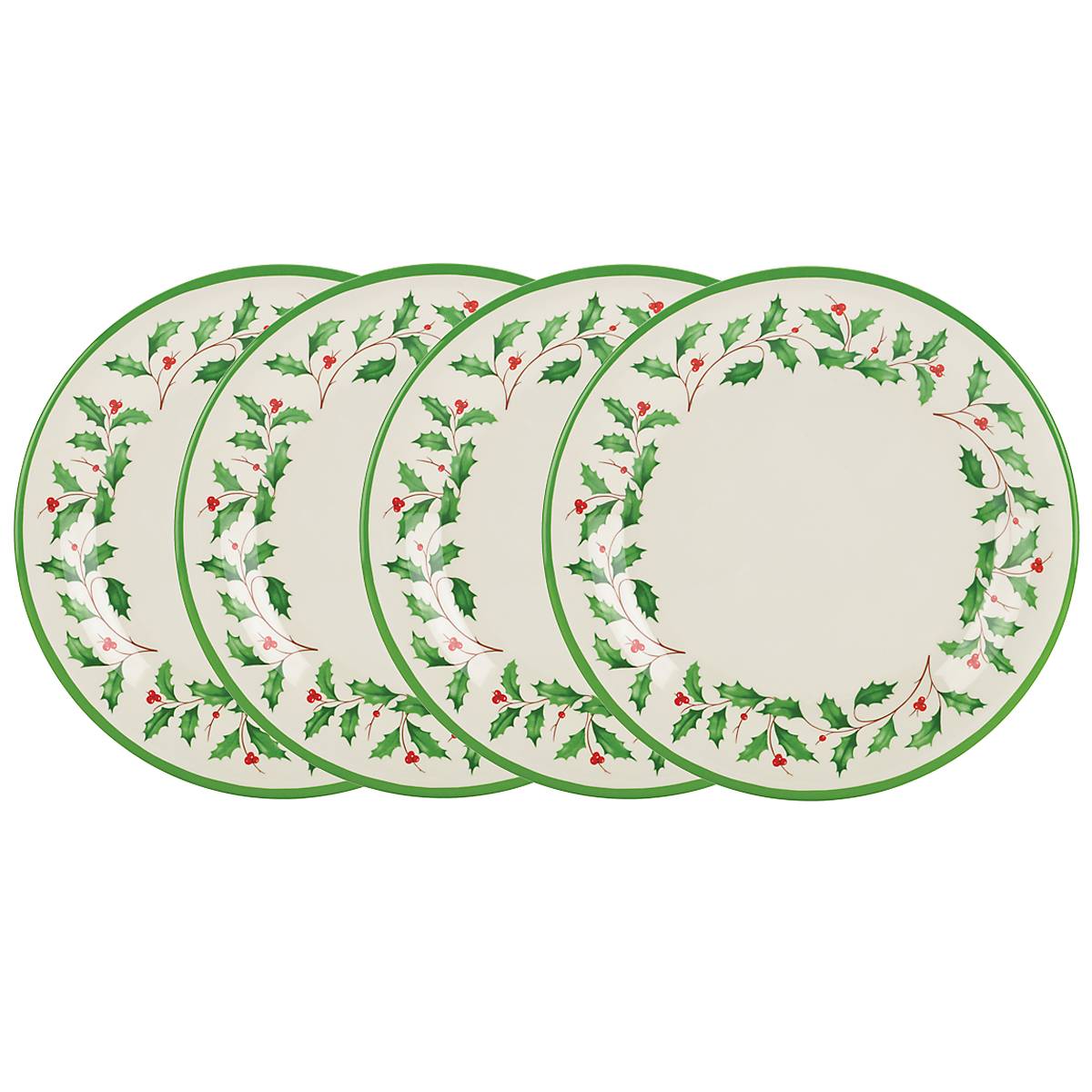 Festive Melamine Dinner Plates Set - 4 Holly Motif Holiday Plates