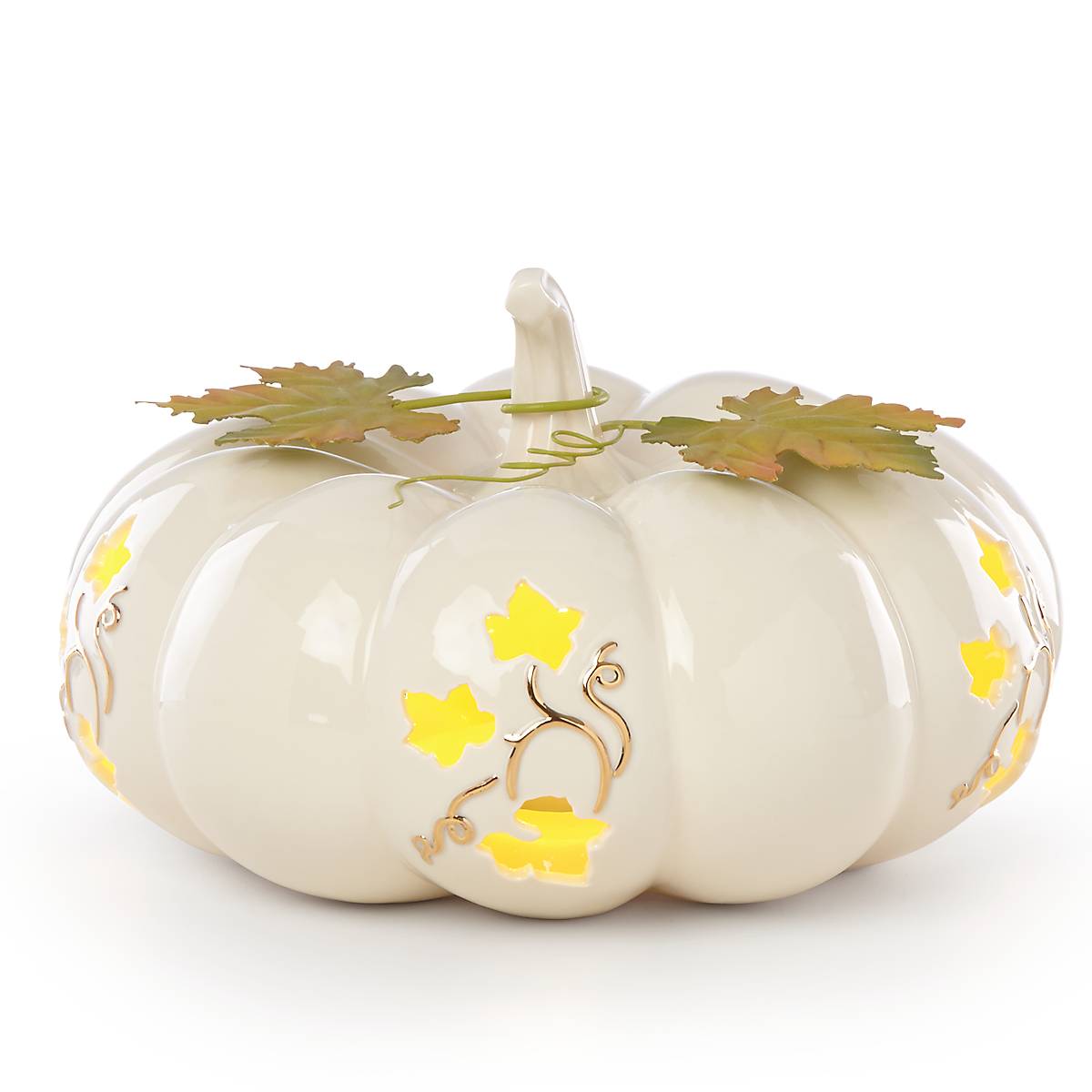White Ceramic Lighted Pumpkin Centerpiece - Battery Operated Autumn Decor
