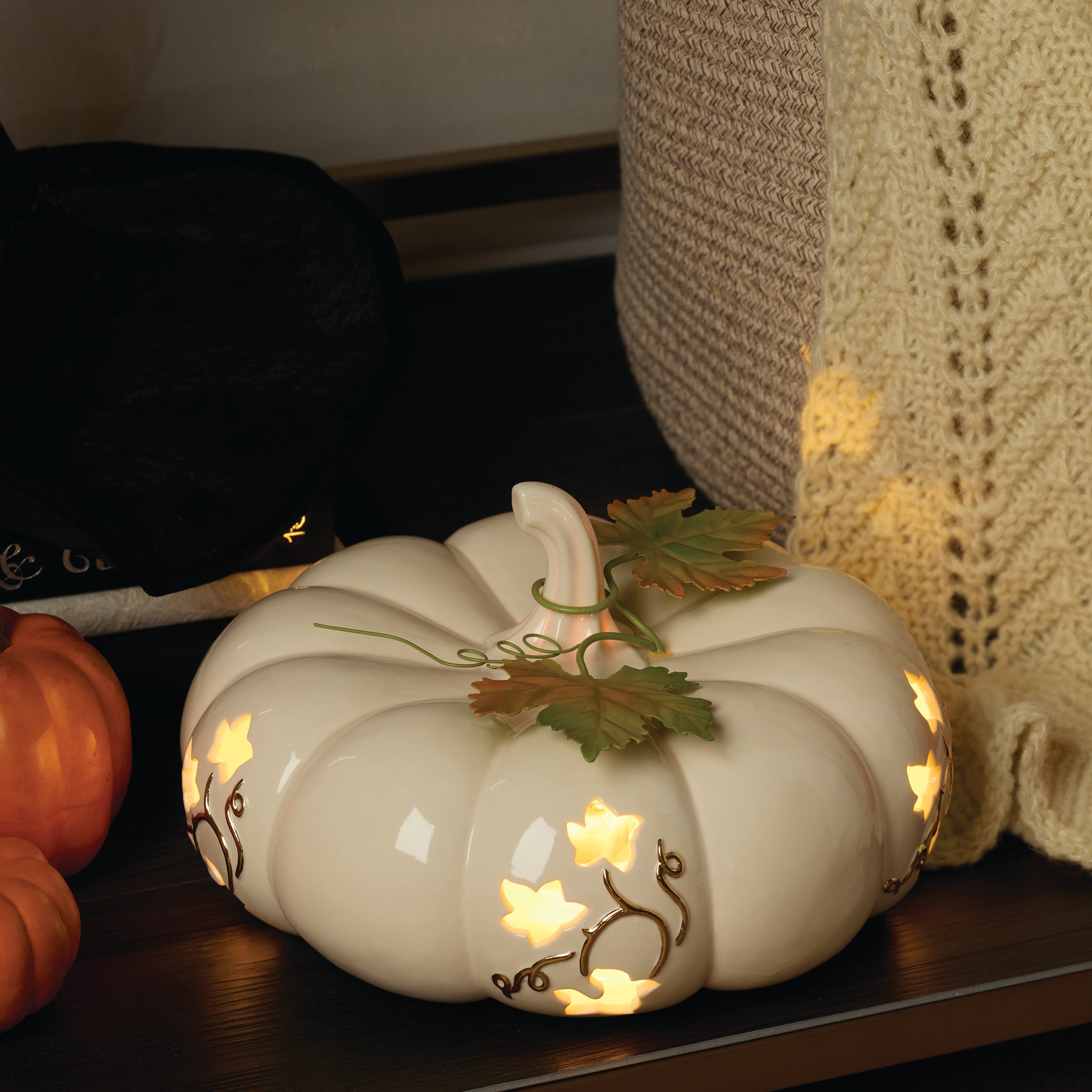 White Ceramic Lighted Pumpkin Centerpiece - Battery Operated Autumn Decor