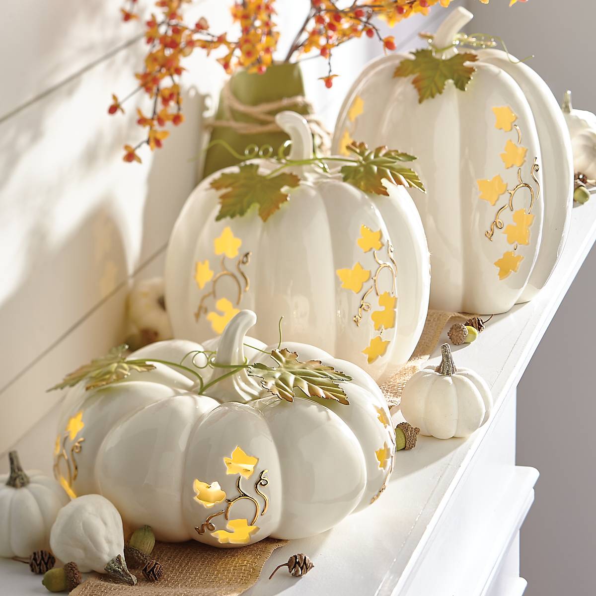 White Ceramic Lighted Pumpkin Centerpiece - Battery Operated Autumn Decor