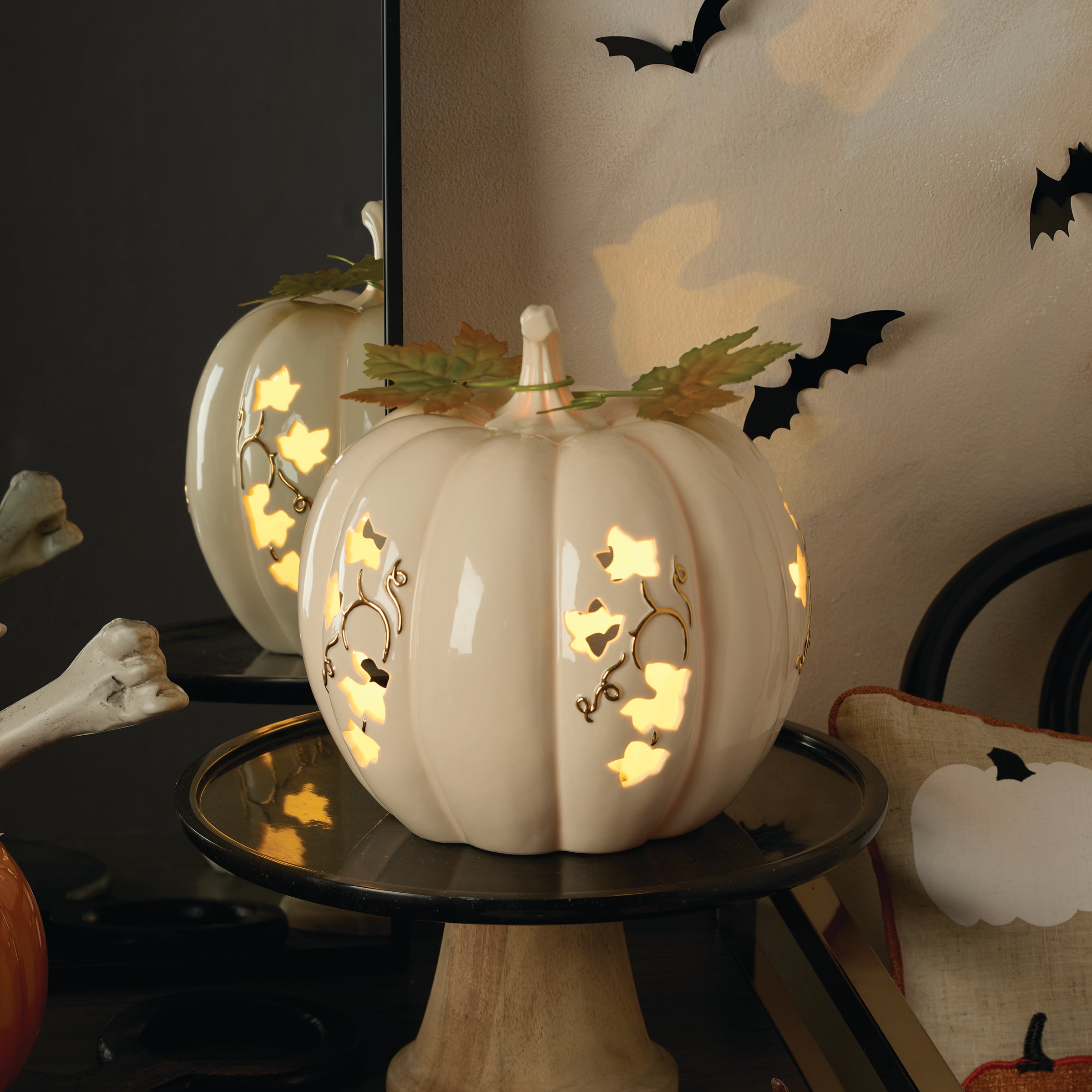Lighted Ceramic Pumpkin Centerpiece with Battery-Powered Glow