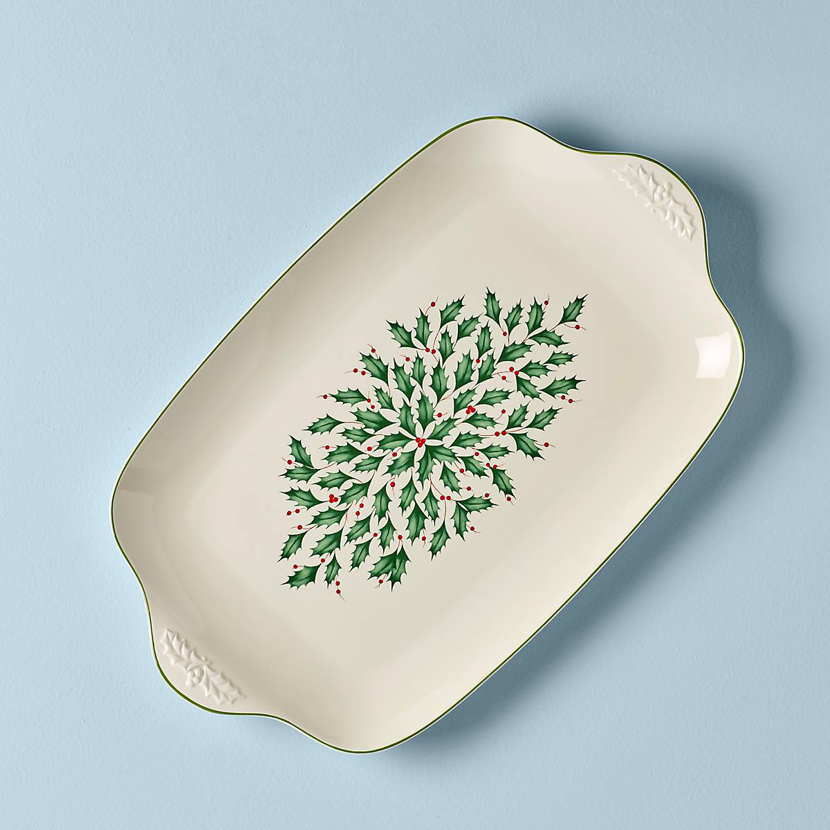 Christmas Porcelain Serving Platter with Holly Leaf Design