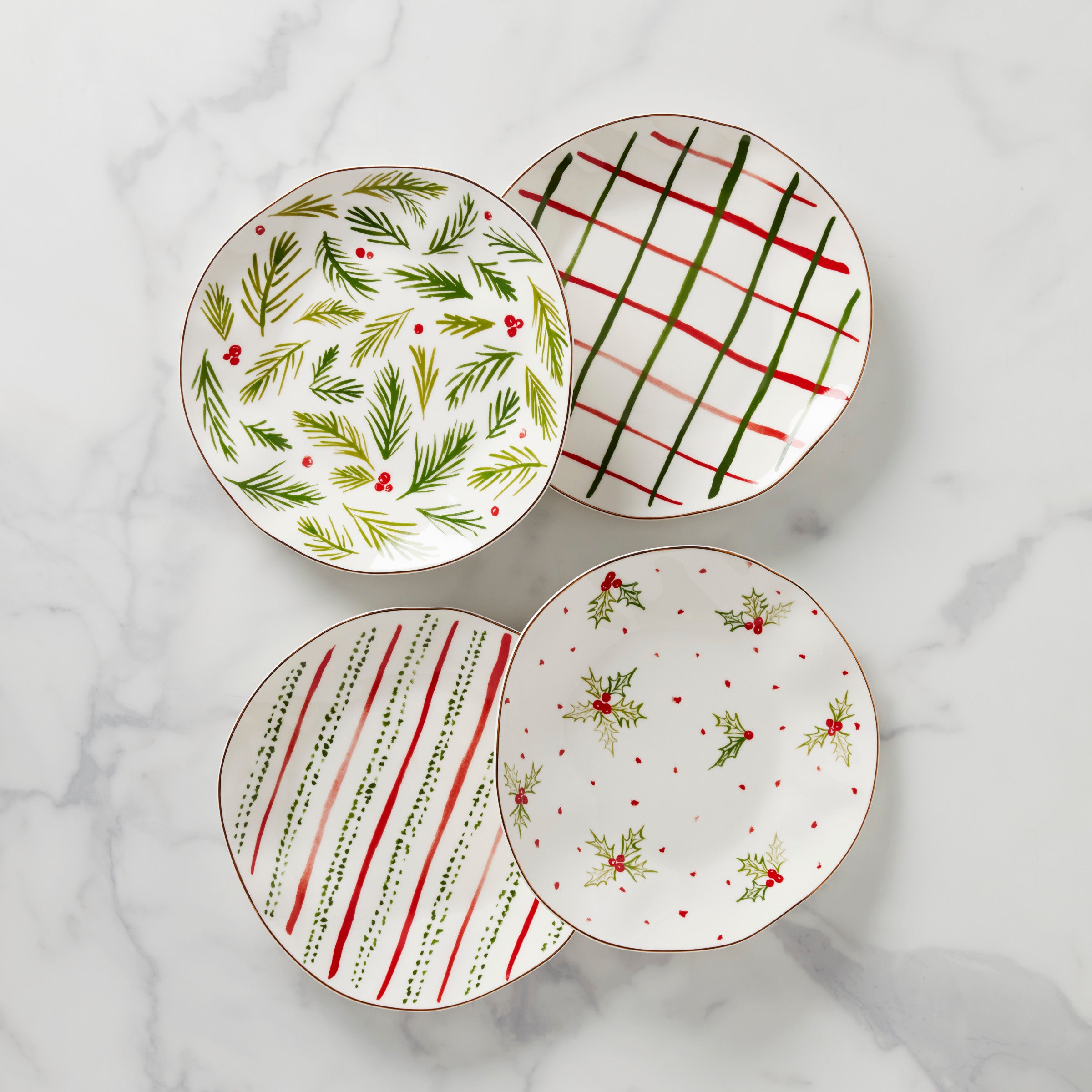 Bayberry Porcelain Dessert Plates - Set of 4 Hand-Sketched Holiday Motifs