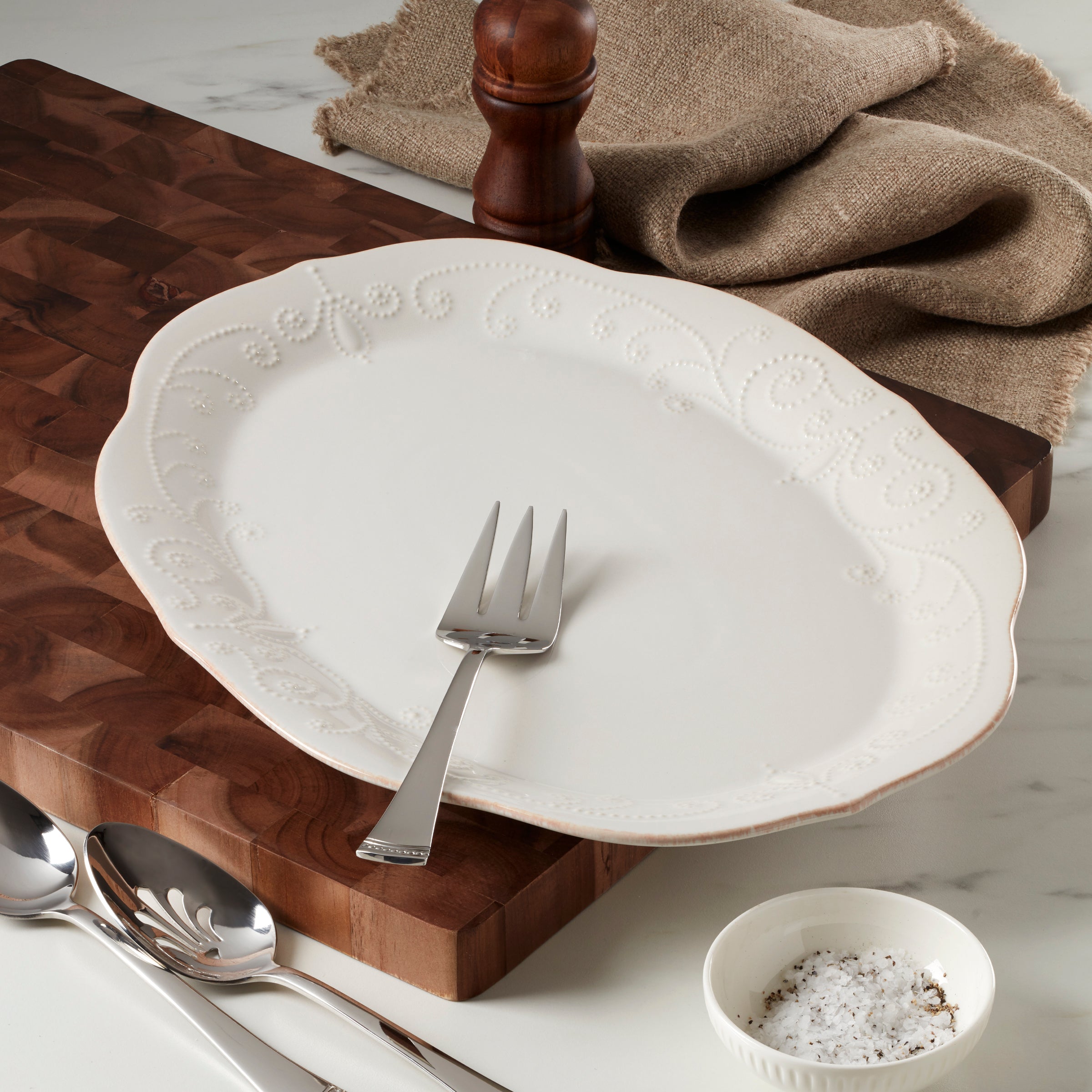 French White Ceramic Oval Serving Platter with Beaded Border