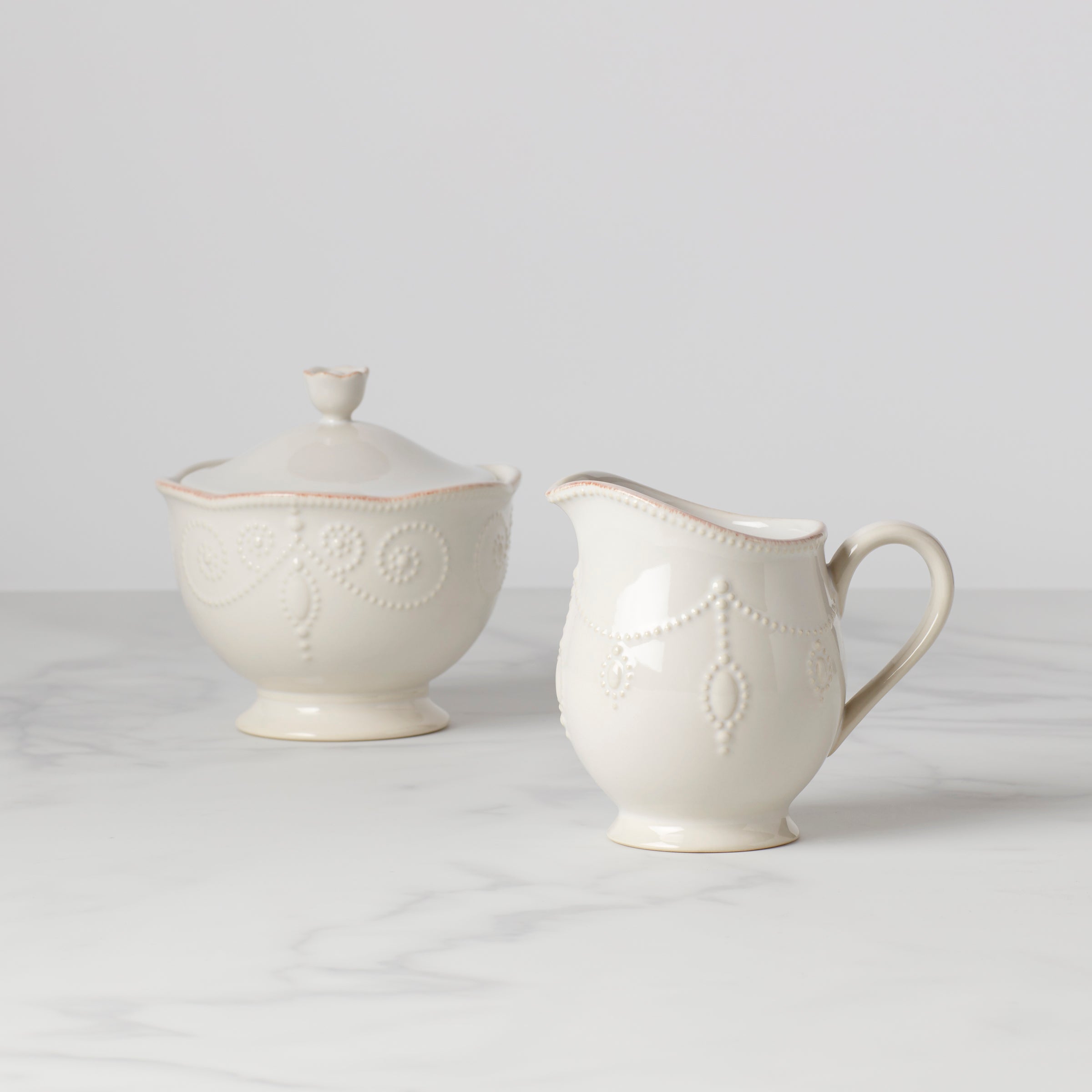 French Pearl Ceramic Sugar & Creamer Set - Handcrafted Tea-Stained Rim
