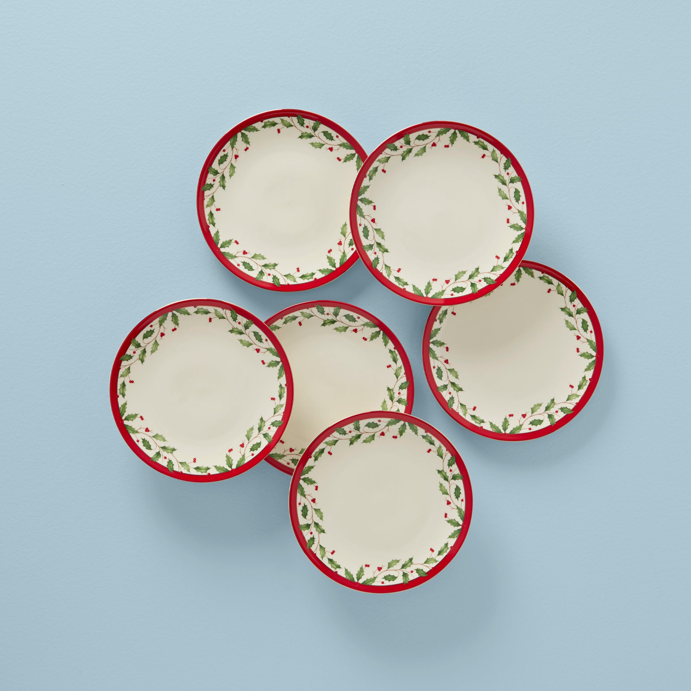 Holiday Dinner Plates Set of 6 - Red Holly Motif Accent Plates