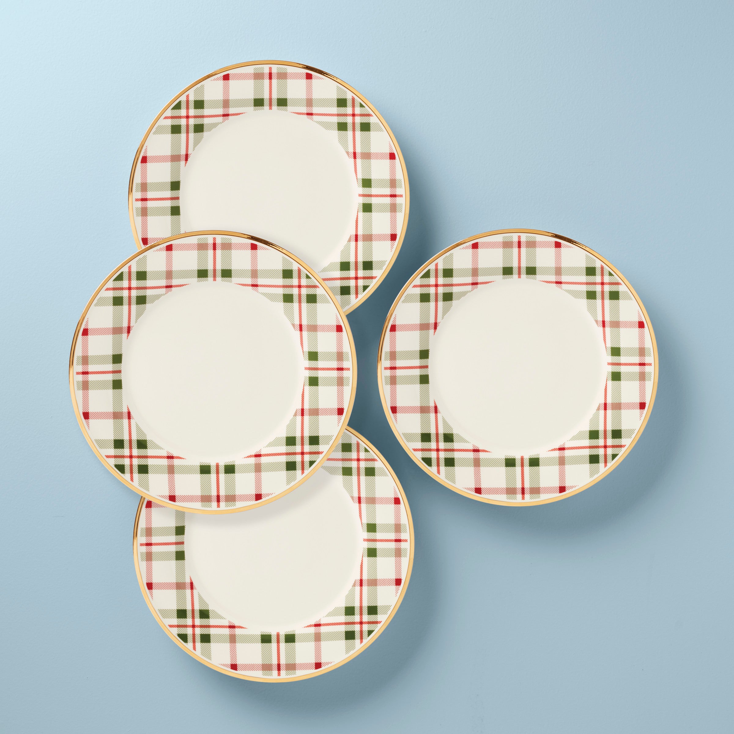 Festive Plaid Dinner Plates Set of 4 - Holiday Tartan Design with Gold Holly Motifs