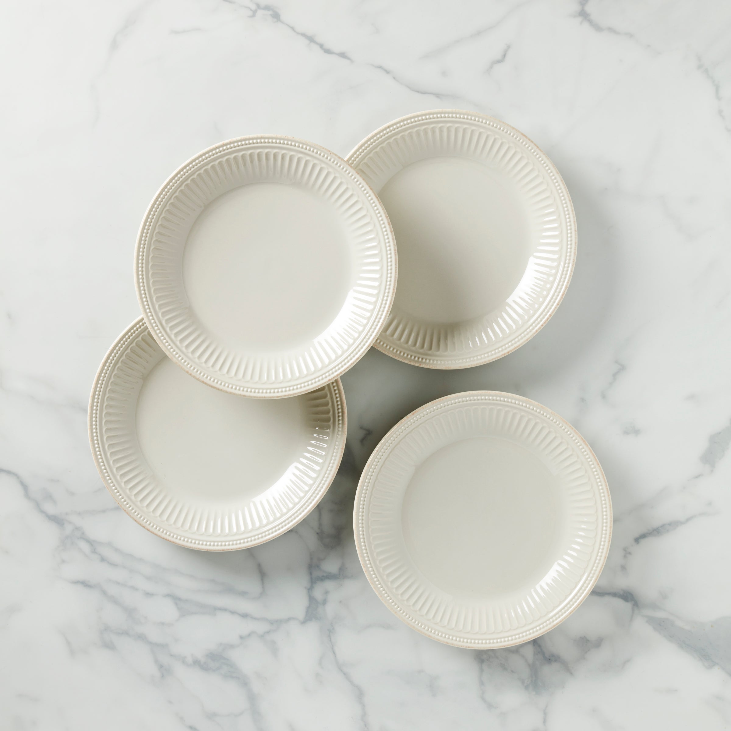 French Perle Groove Stoneware Dinner Plates - Set of 4, Dishwasher Safe