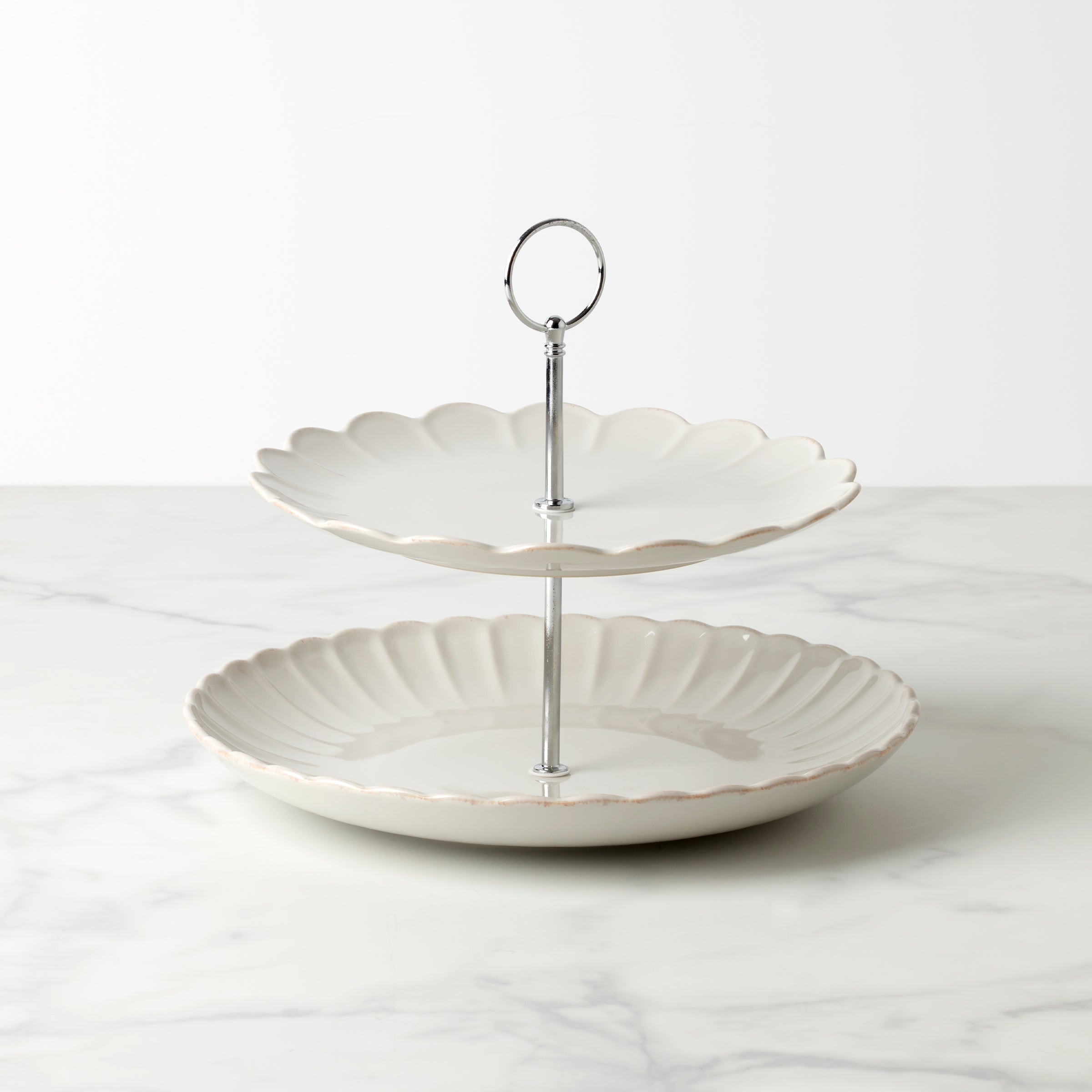 French Perle Scallop White 2-Tier Serving Platter