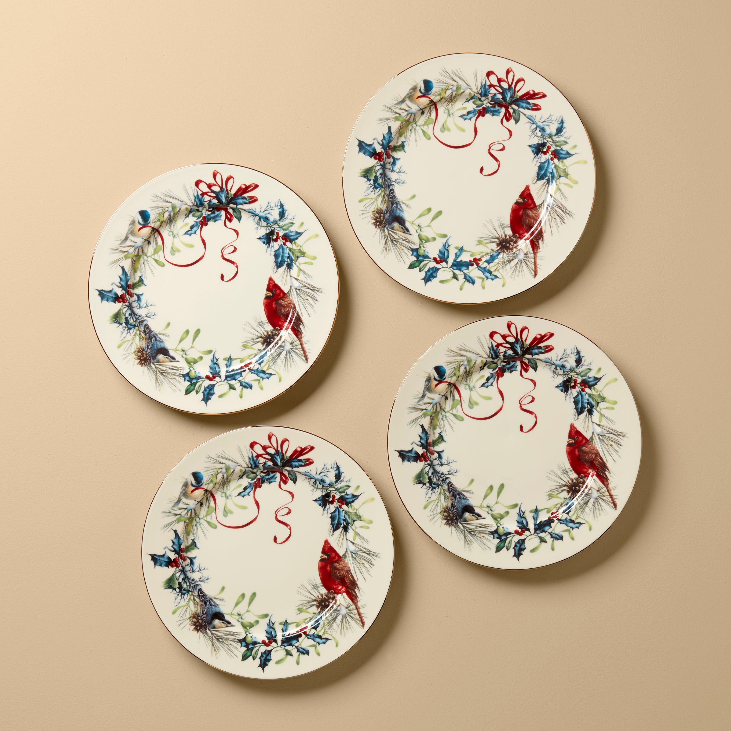 Winter Greetings Porcelain Dinner Plates Set with Gold Accents