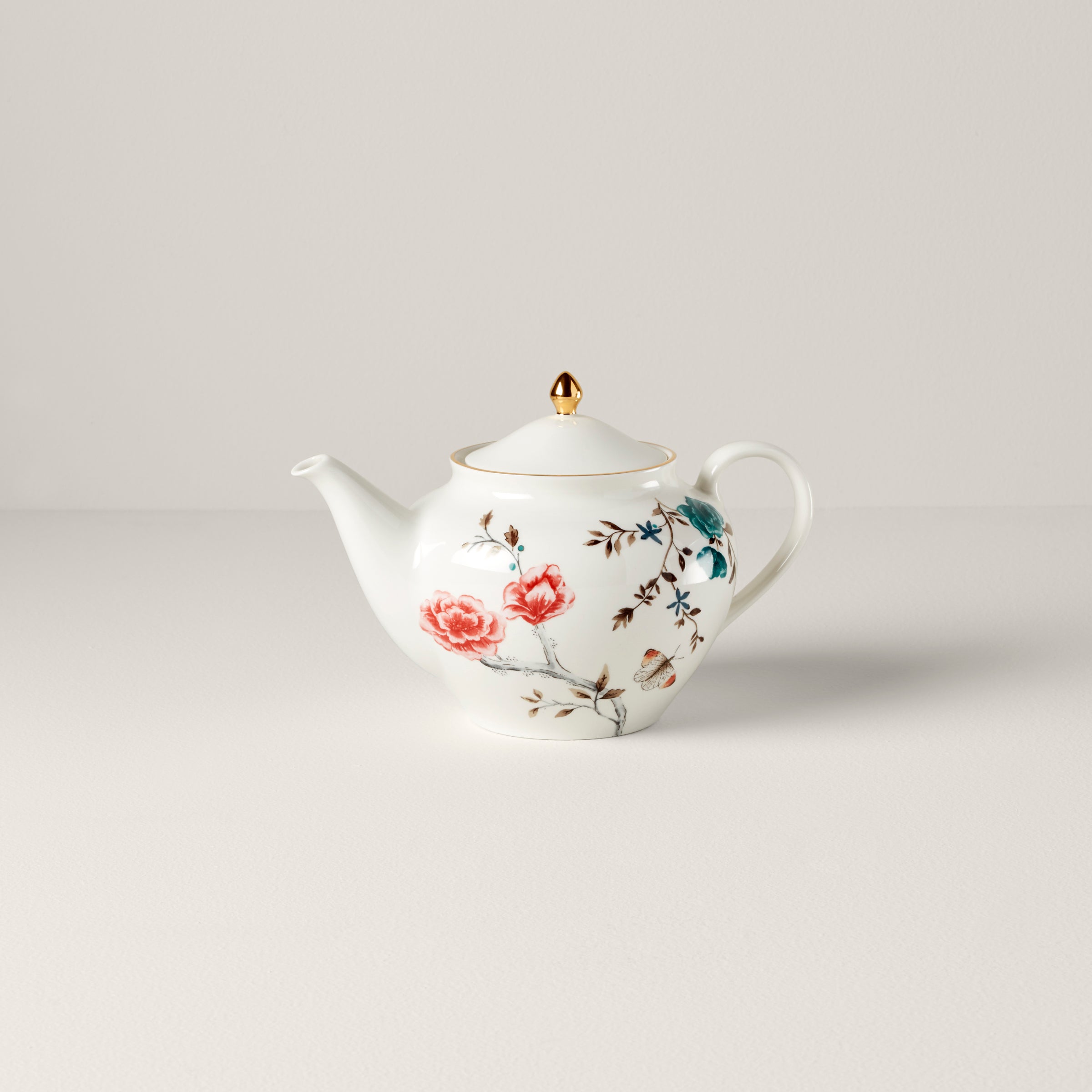 White Floral Teapot with Golden Finish - Sprig & Vine