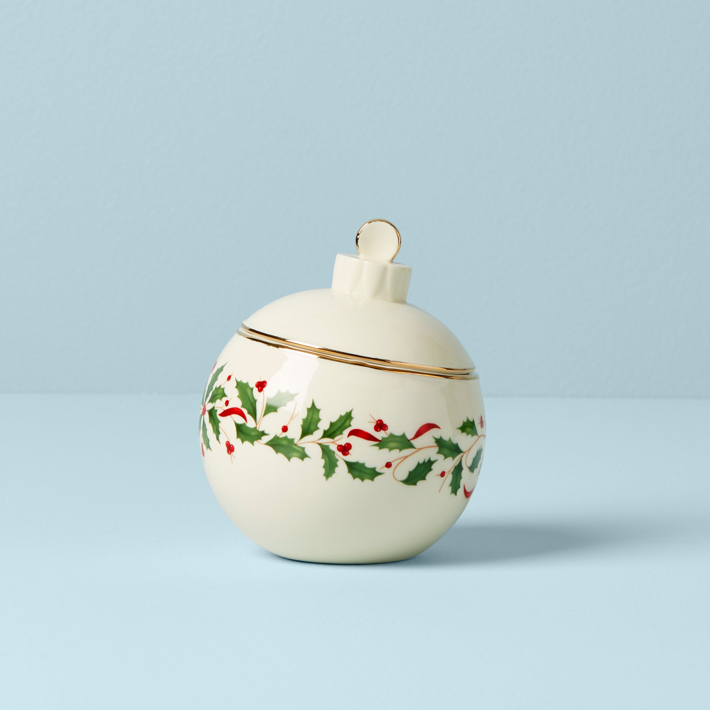 Gold Accented Holiday Ornament Candy Jar with Holly Motif