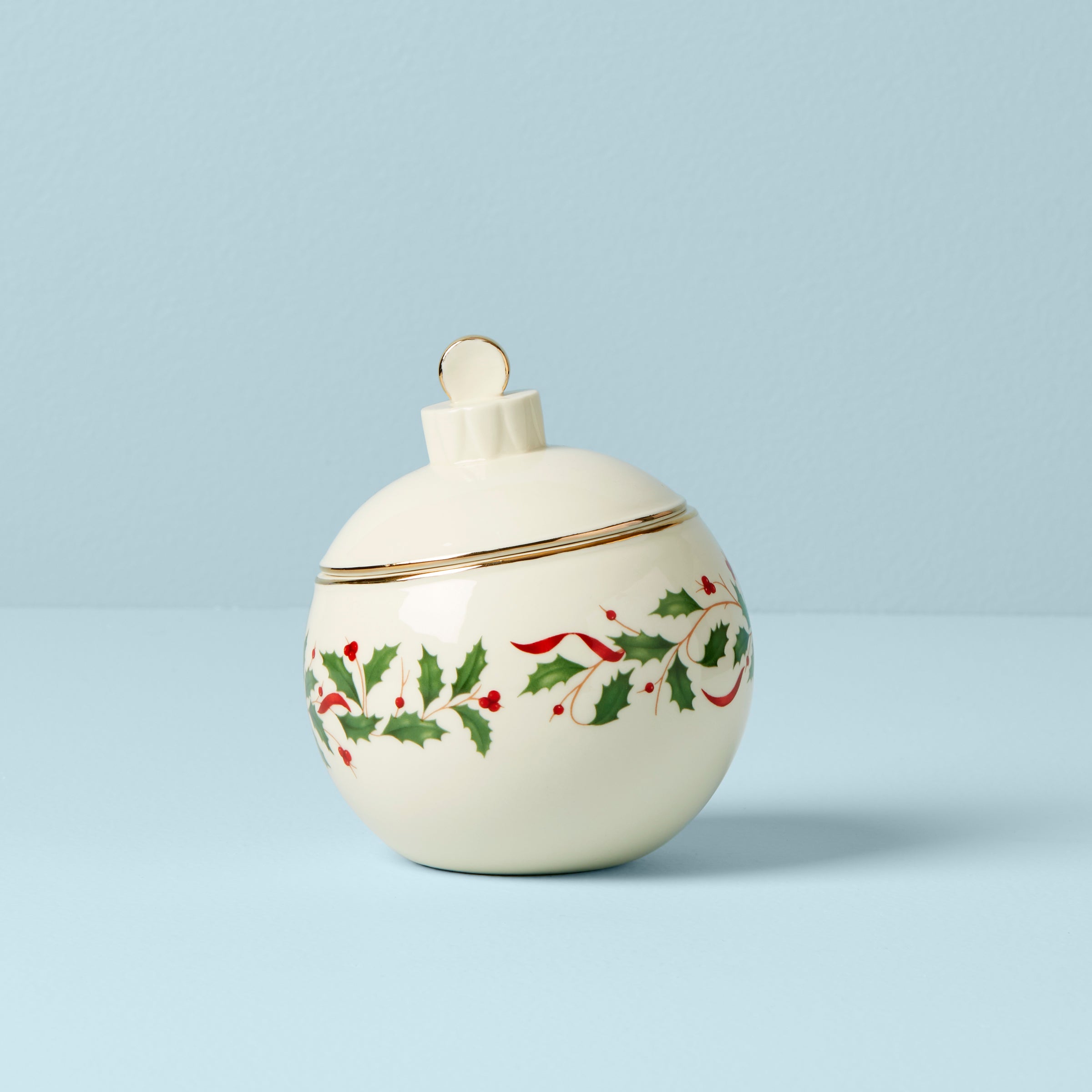 Gold Accented Holiday Ornament Candy Jar with Holly Motif