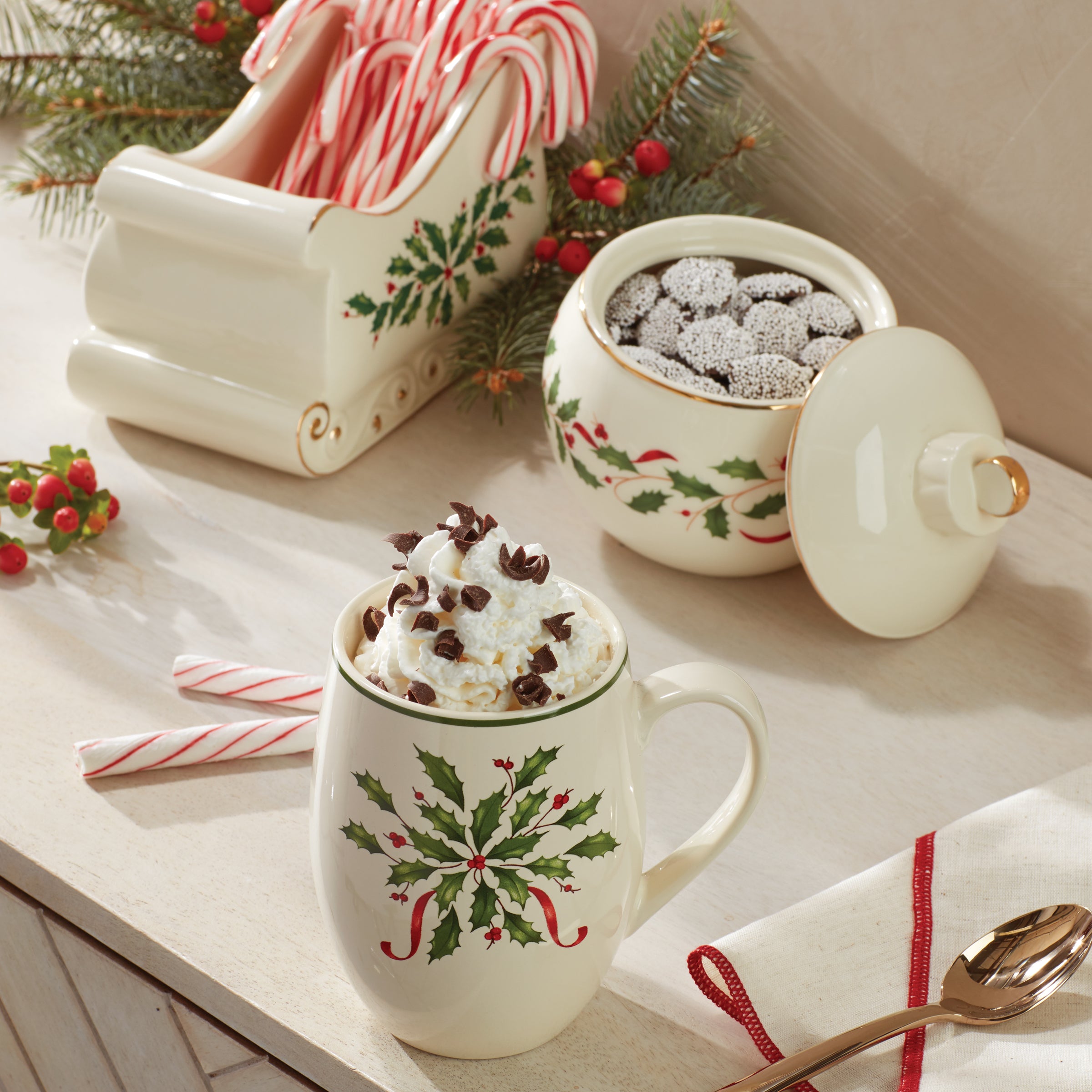 Gold Accented Holiday Ornament Candy Jar with Holly Motif