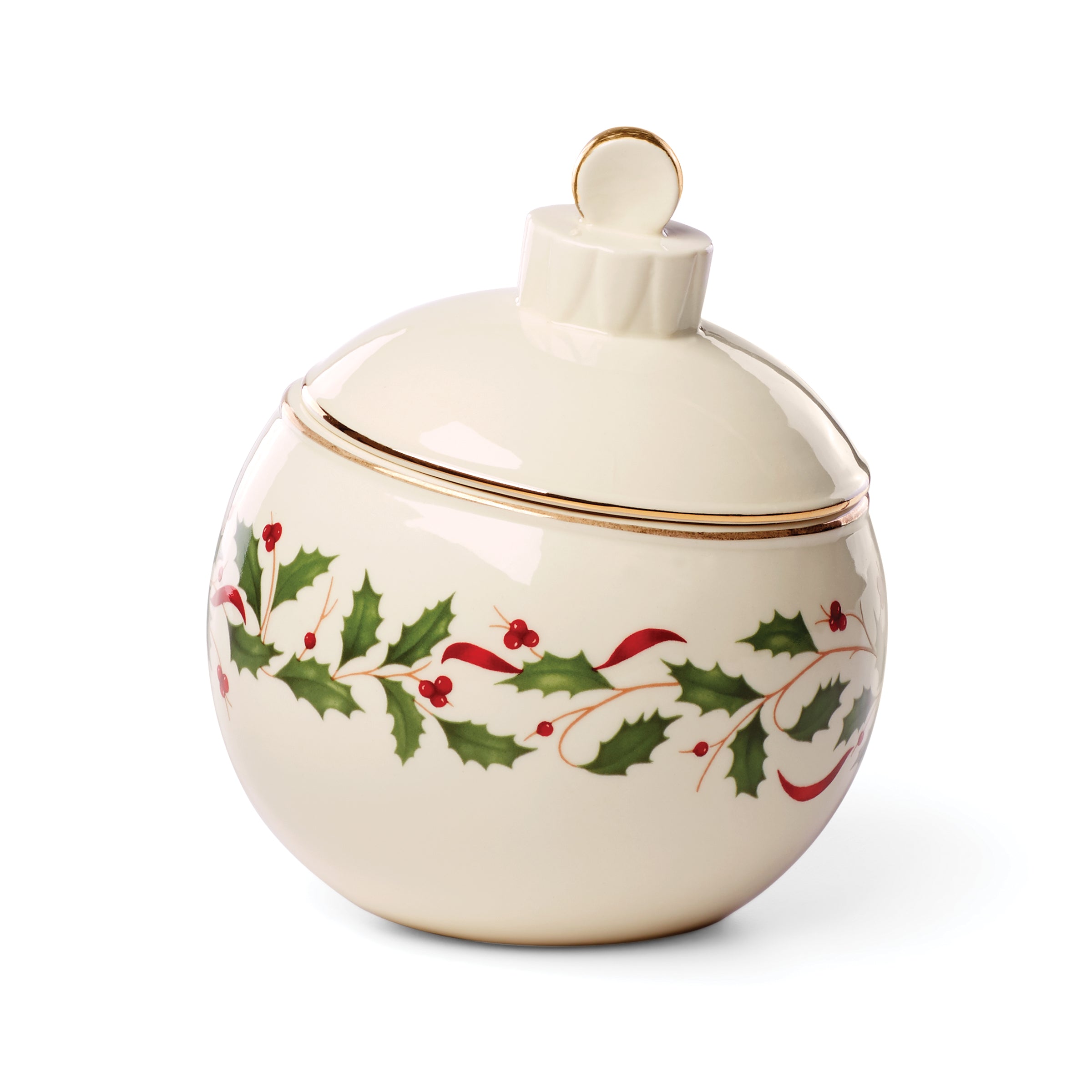 Gold Accented Holiday Ornament Candy Jar with Holly Motif