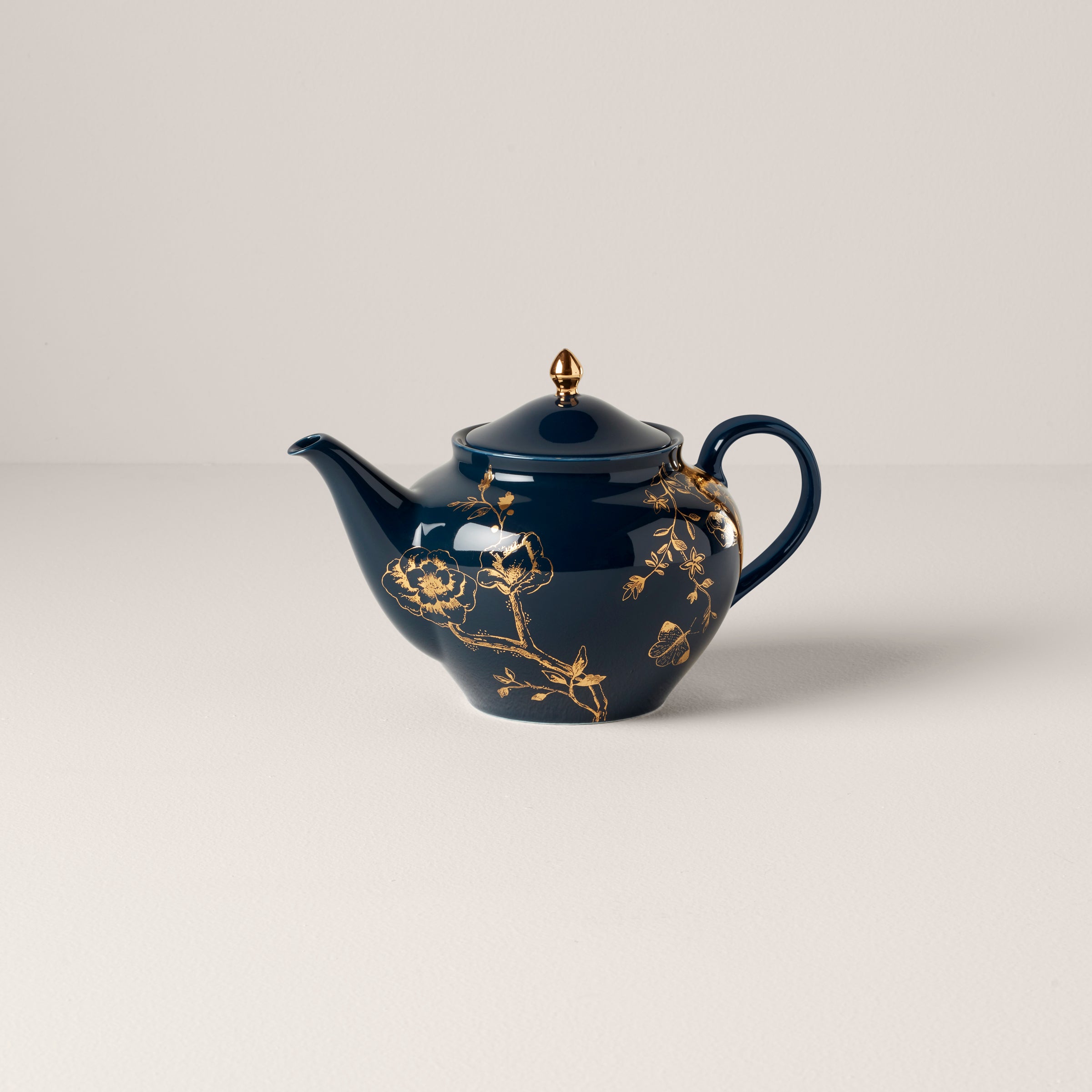 Sprig & Vine Floral Teapot with Golden Finish - Navy