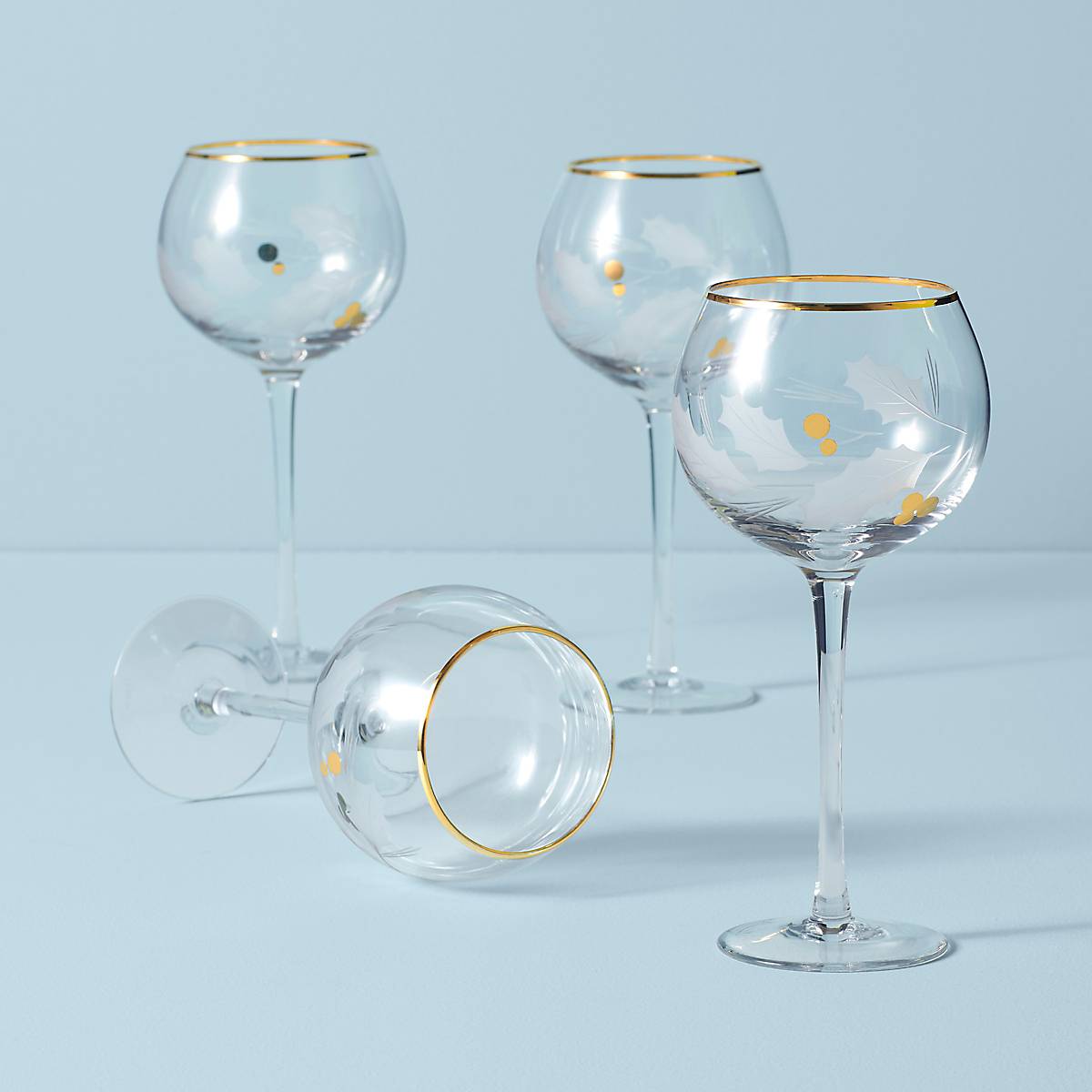 Holiday Wine Glasses Set of 4 - Gold Etched Balloon Glasses