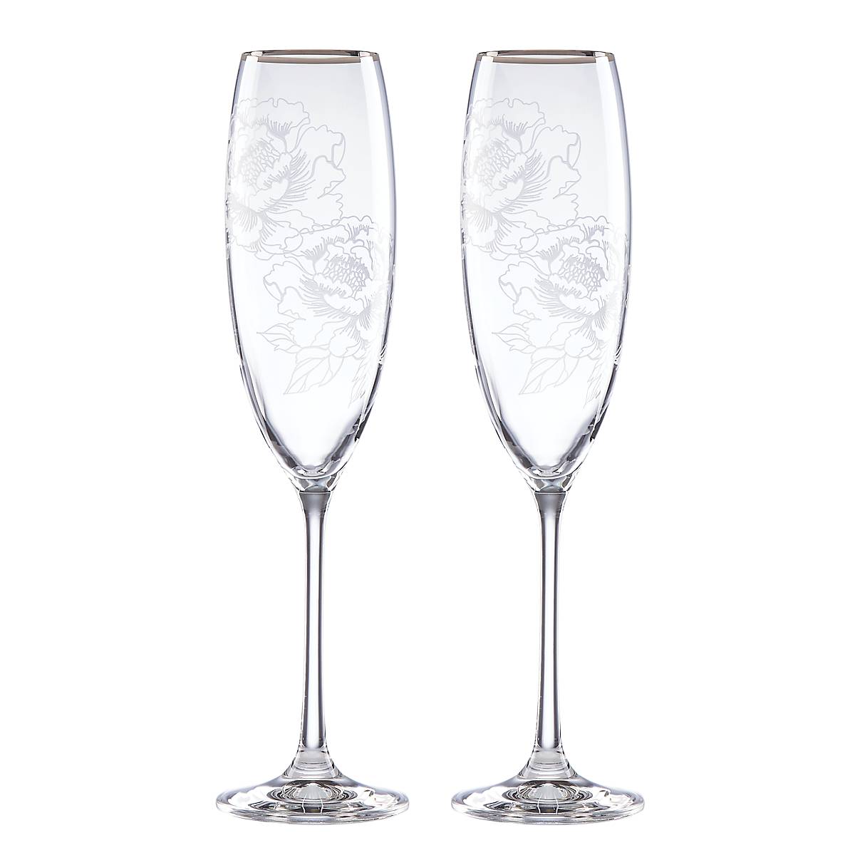 Silver Peony Crystal Champagne Flute with Platinum Banding