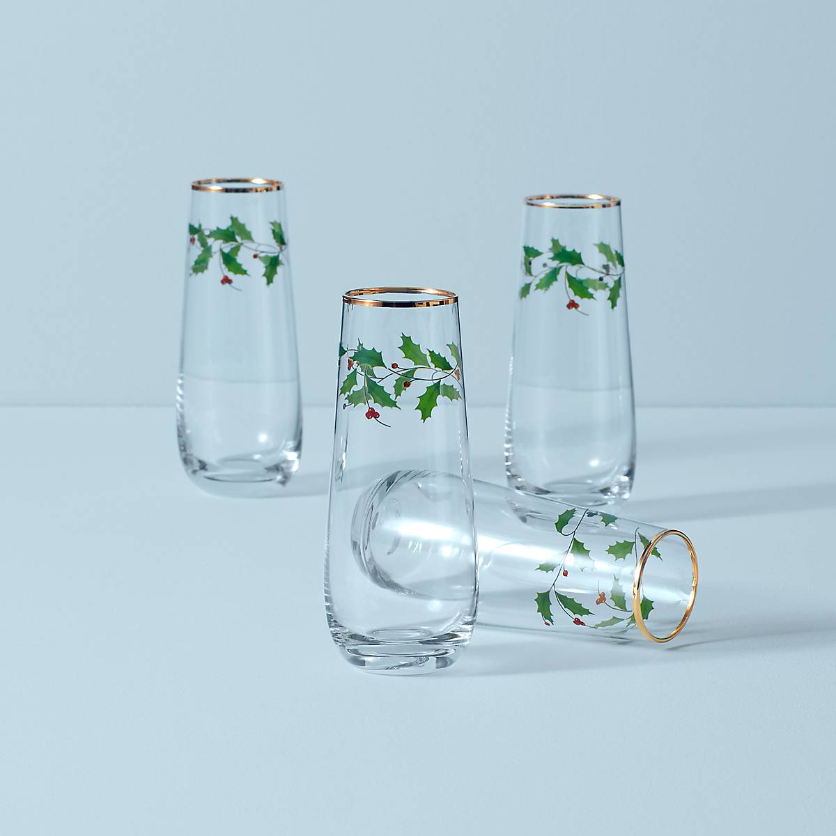Holiday Gold-Rimmed Stemless Flute Glasses - Set of 4