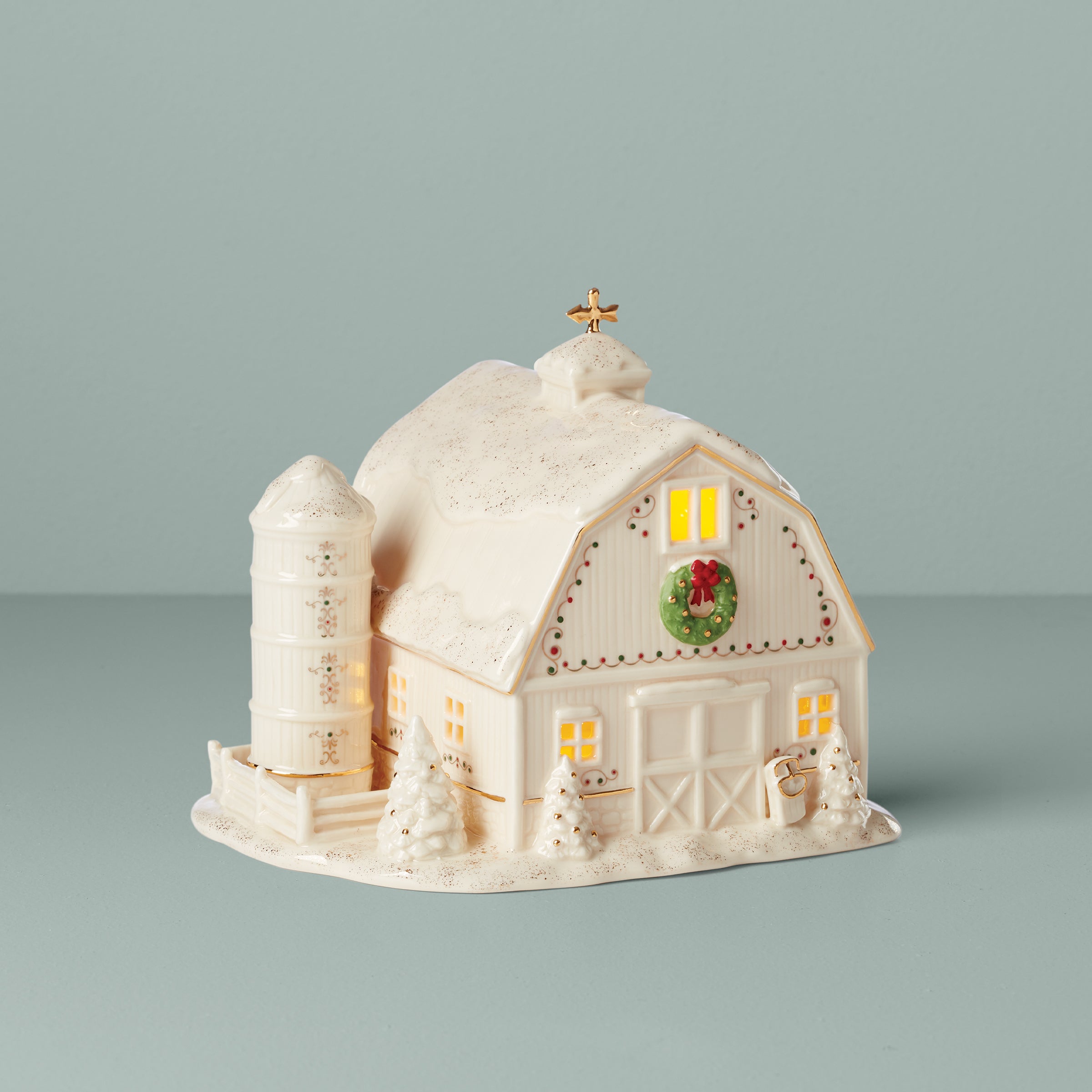 Glowing Christmas Barn Figurine with Gold Accents
