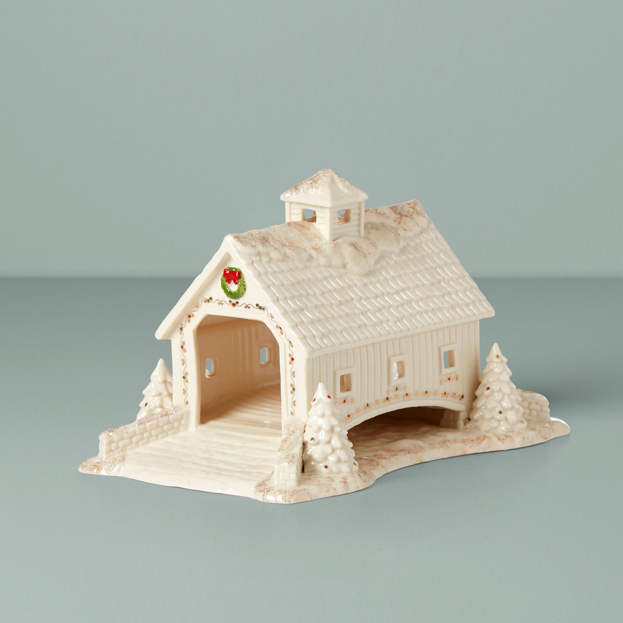 Christmas Covered Bridge Figurine with Wreath & Holly Decor