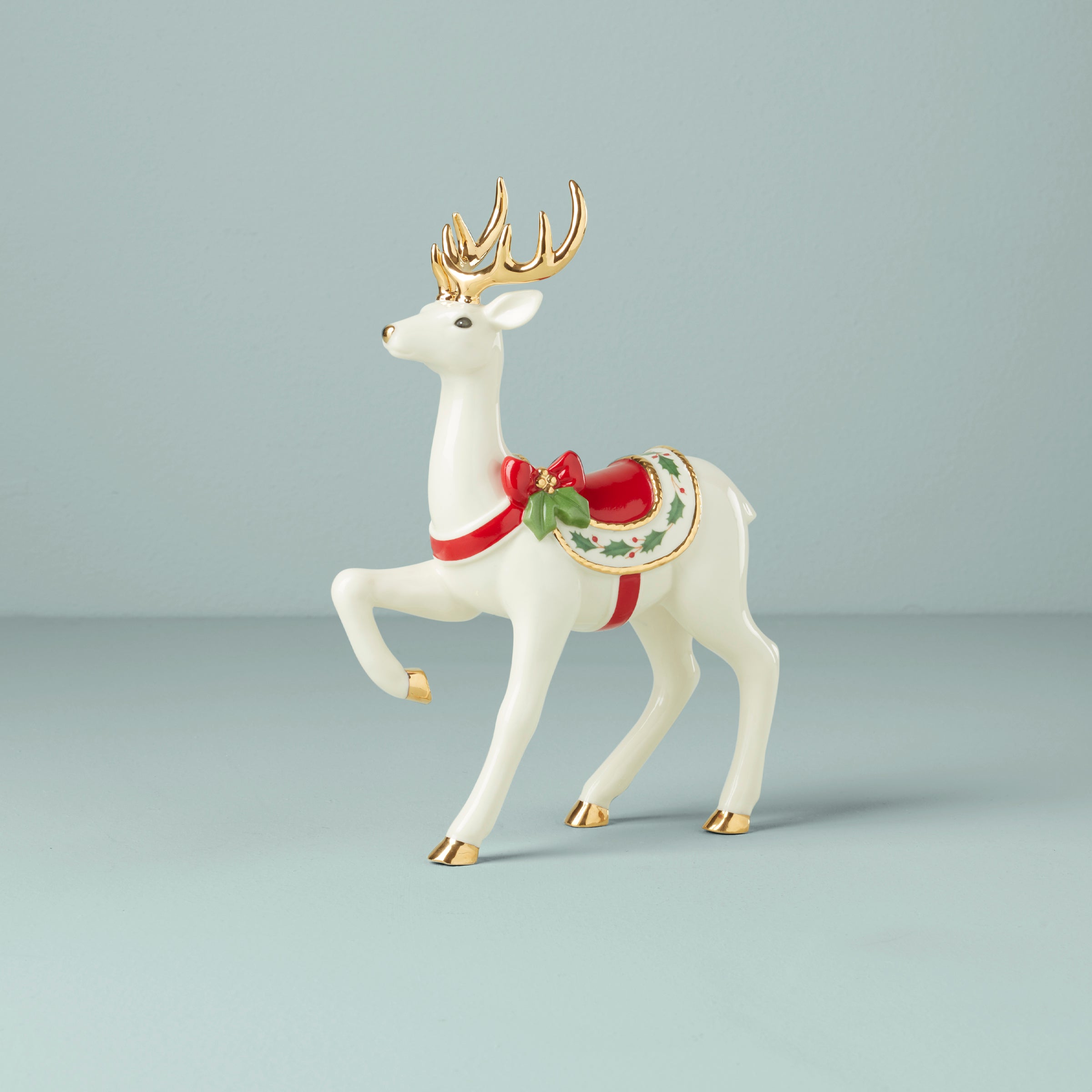 Christmas Reindeer Figurine with Holly Saddle - Festive Holiday Decor