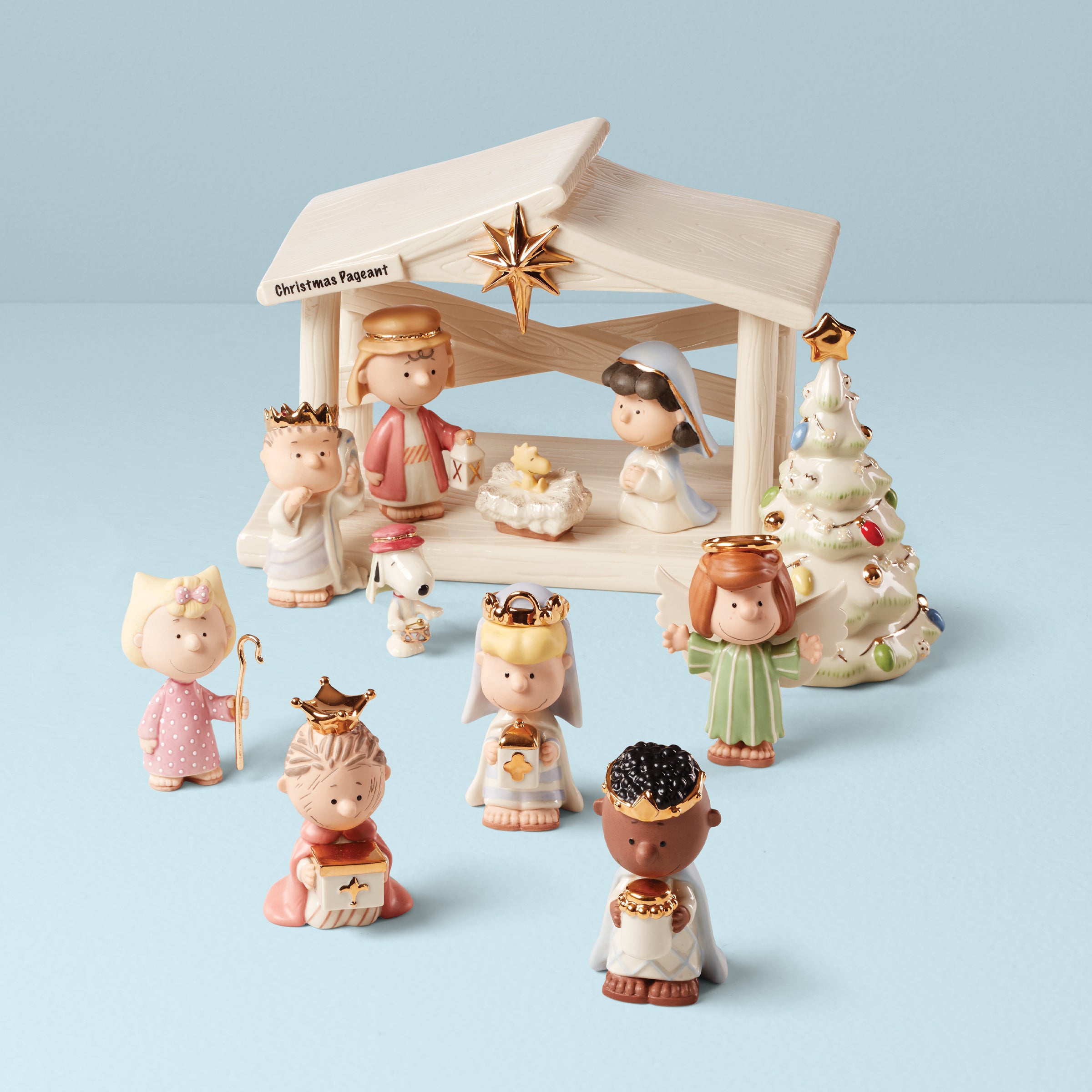 Peanuts Christmas Nativity Figurine Set - 12-Piece Porcelain with Gold Accents