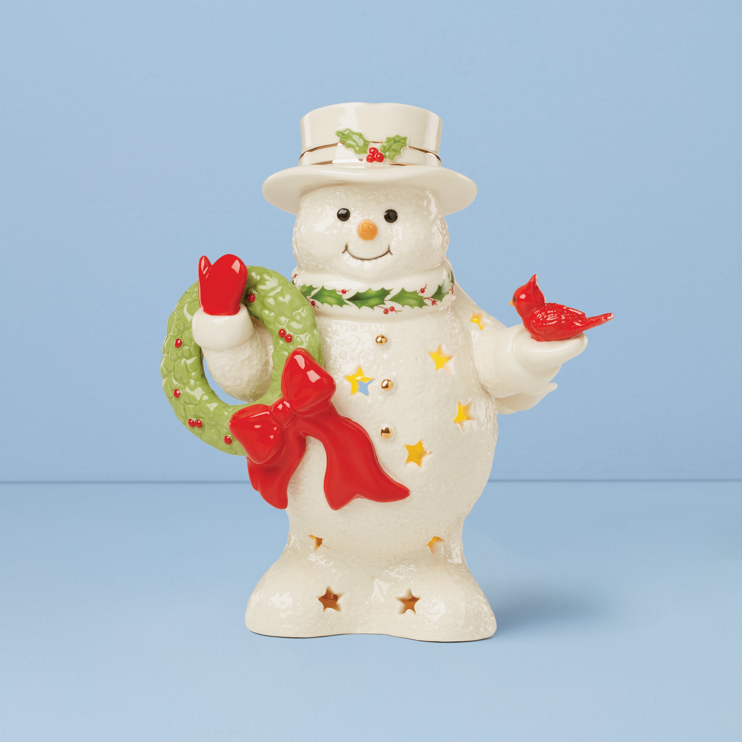 Happy Holly Days Snowman Figurine with Wreath & Gold Accents