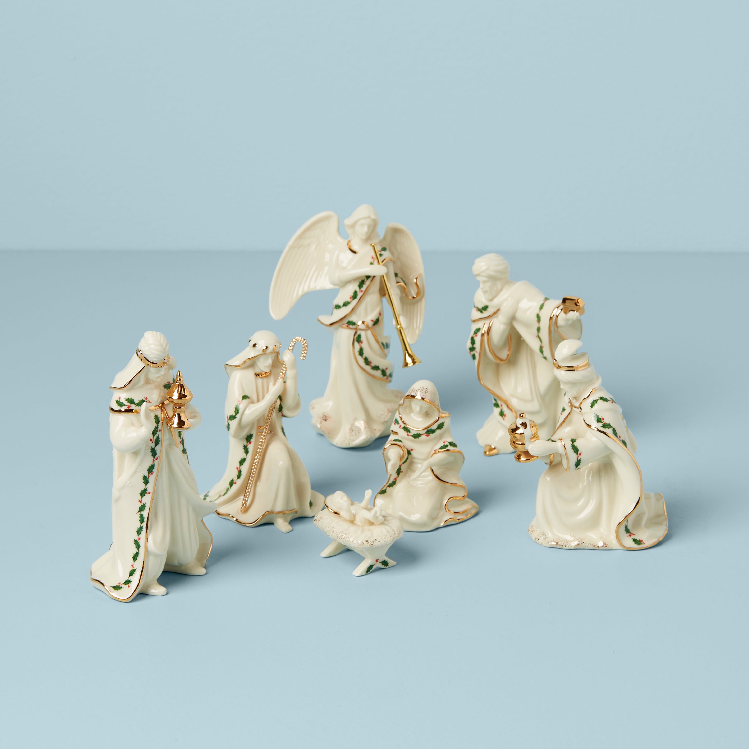 Ceramic Mini Nativity Set with 24K Gold Accents - 7-Piece Holiday Decor
