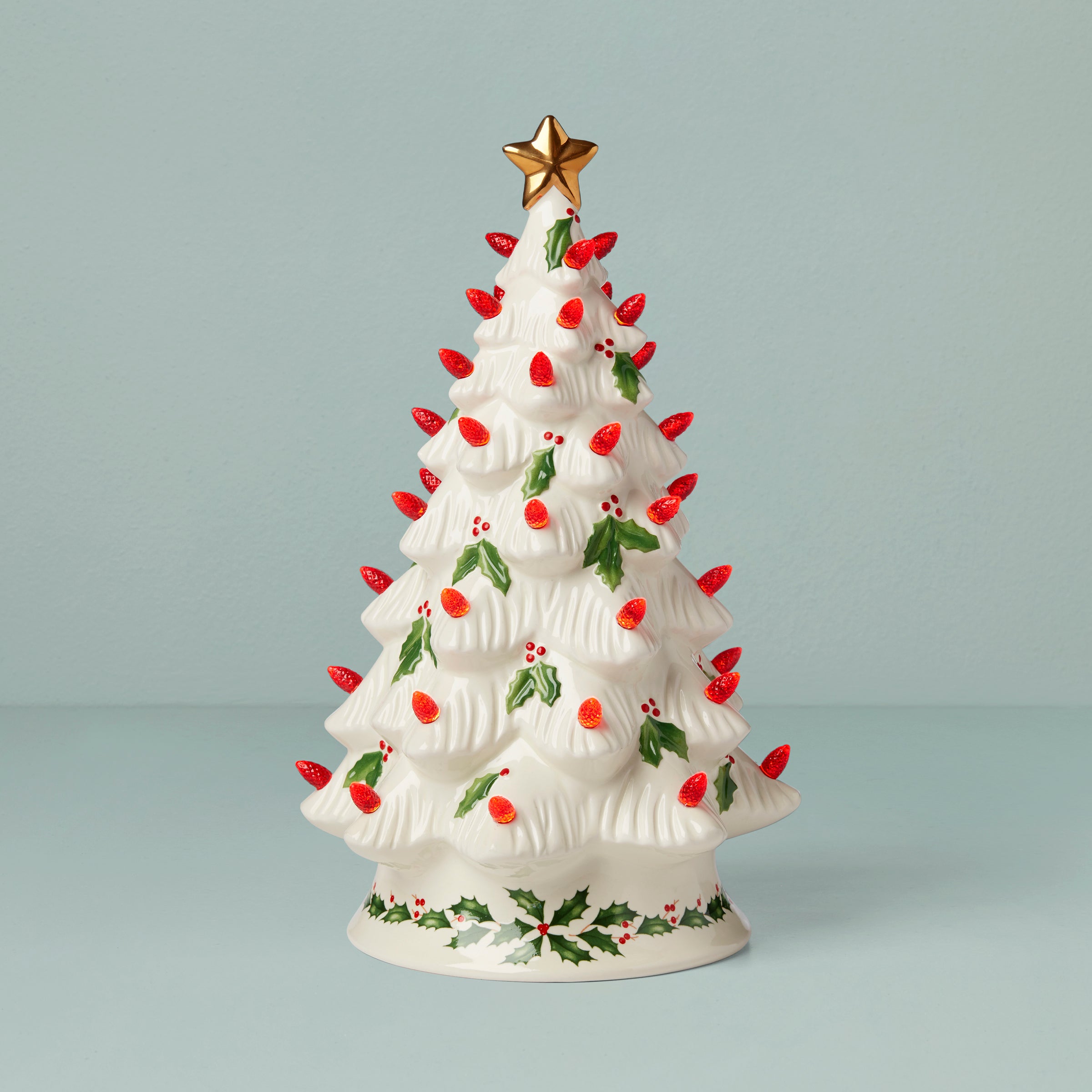 Treasured Traditions Ceramic Christmas Tree with Red Bulbs & Gold Star