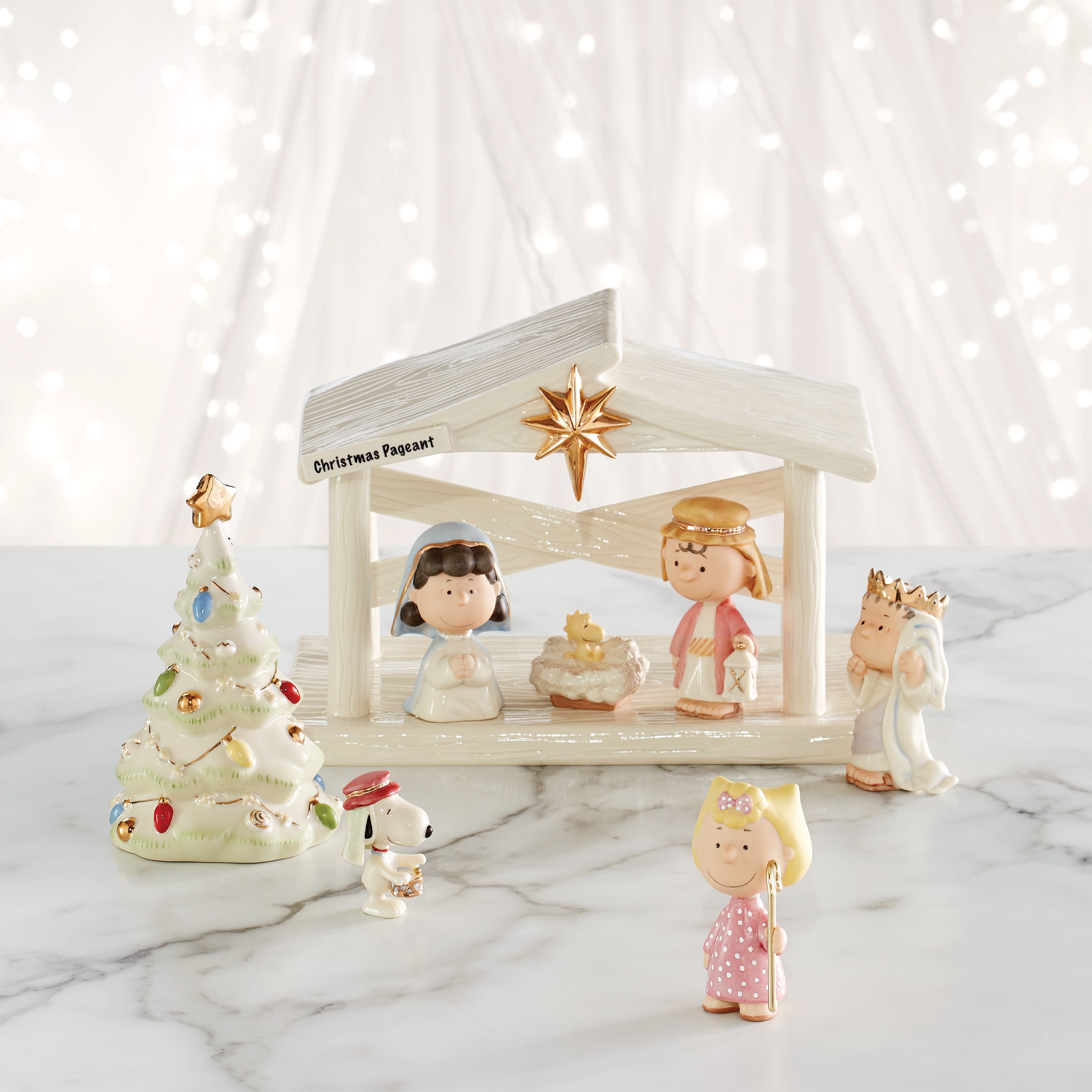 Peanuts Christmas Nativity Set - Porcelain Creche with Gold Accents