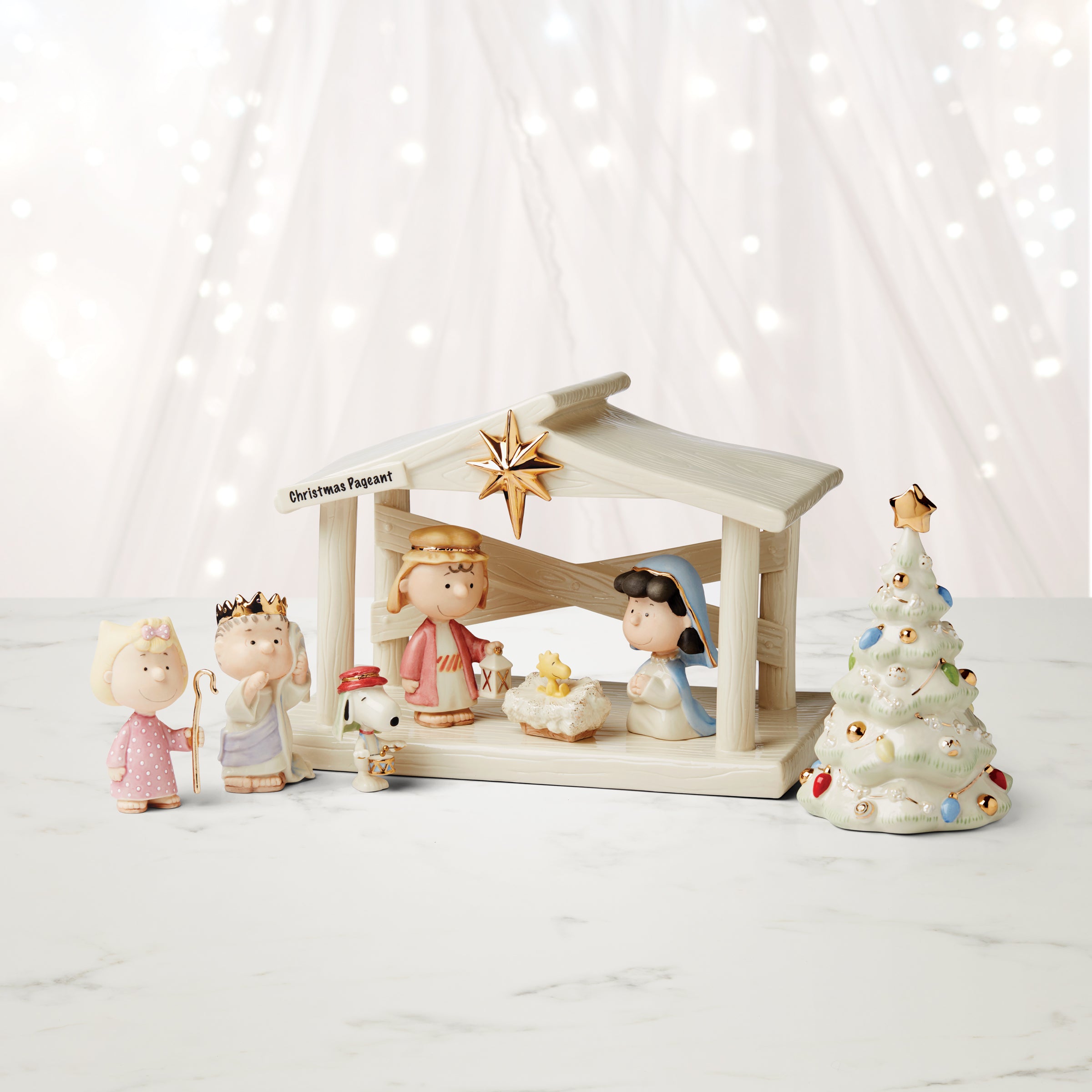 Peanuts Christmas Nativity Set - Porcelain Creche with Gold Accents