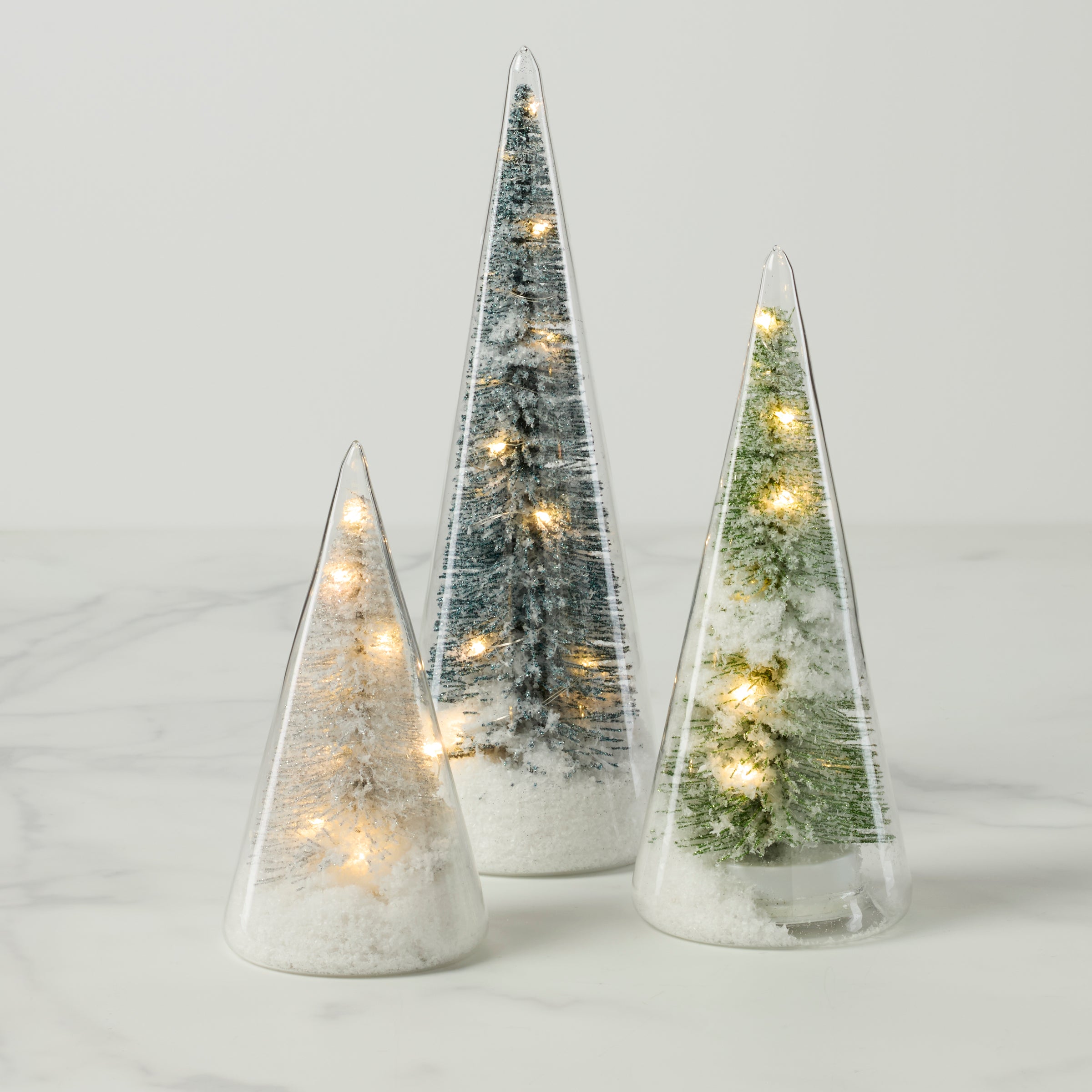 LED Lit Holiday Brush Trees Set - 3-Piece Glass Snow Decor