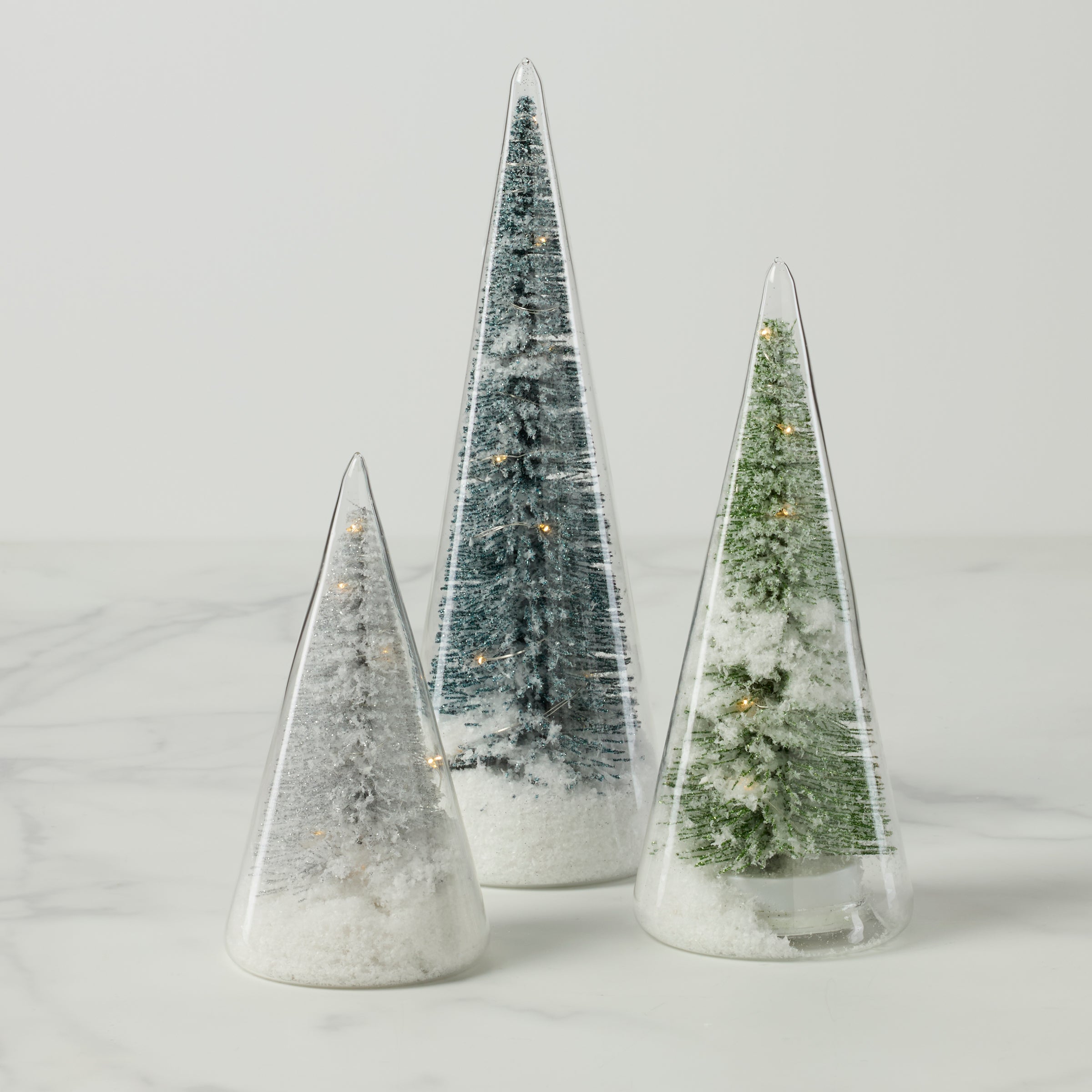 LED Lit Holiday Brush Trees Set - 3-Piece Glass Snow Decor