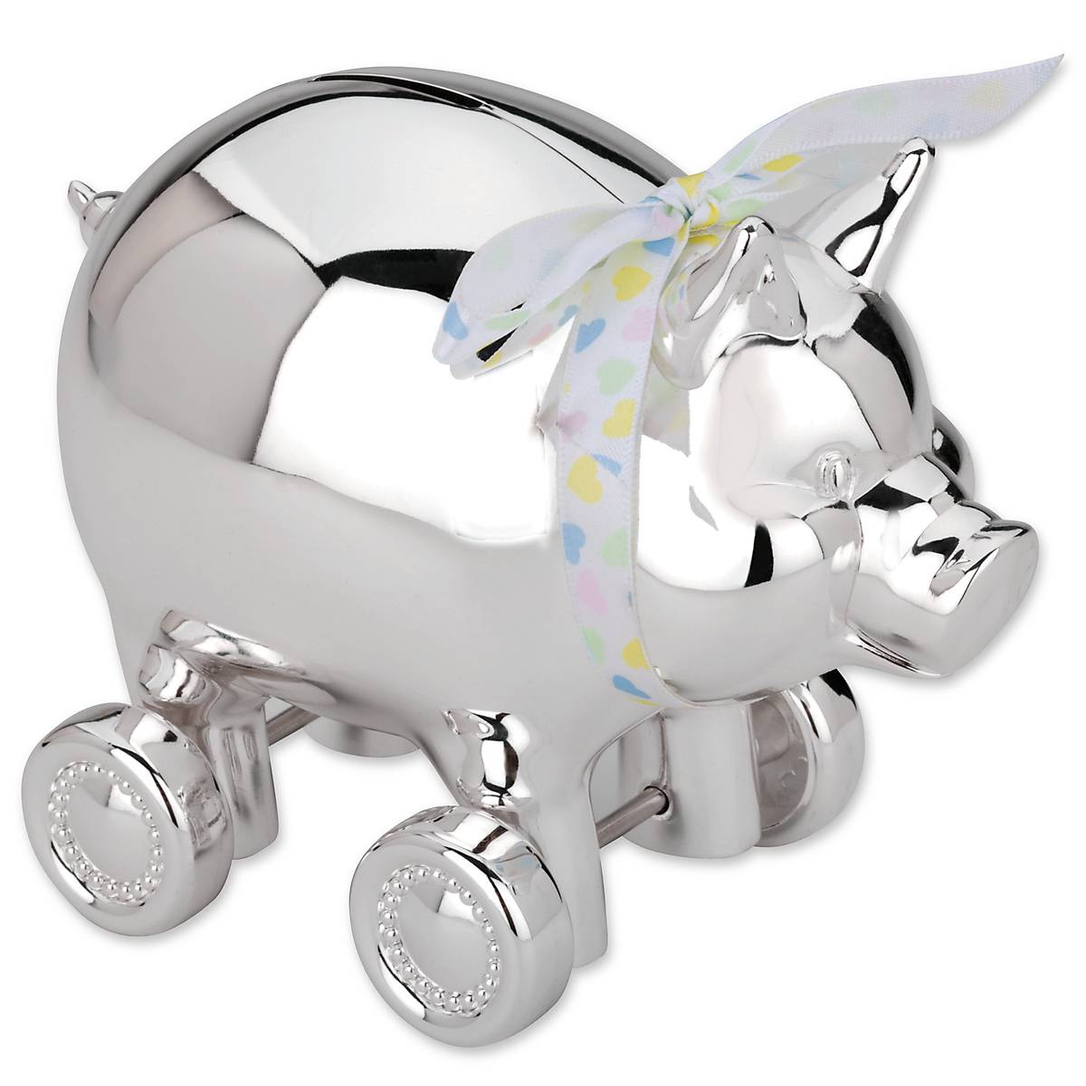 Silverplate Piggy Bank with Wheels & Ribbon for Kids