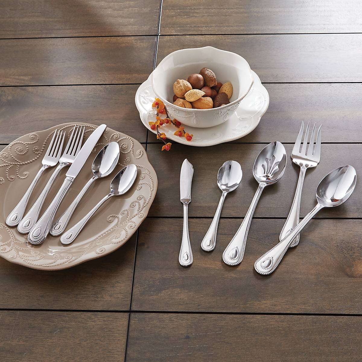 French Perle 65-Piece Stainless Steel Flatware Set – Elegant Beaded Design