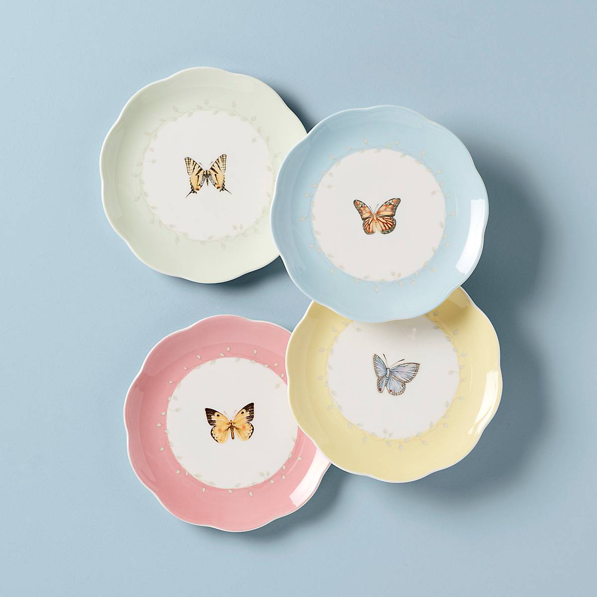 Butterfly Meadow 4-Piece Ceramic Dessert Plate Set with Scalloped Edges