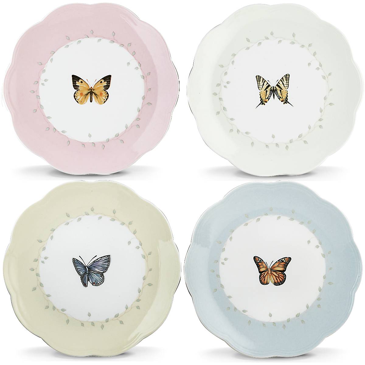 Butterfly Meadow 4-Piece Ceramic Dessert Plate Set with Scalloped Edges