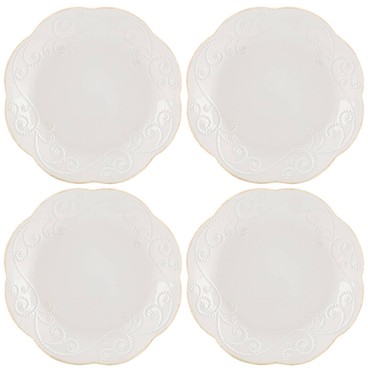 French White Ceramic Dessert Plates Set - 4-Piece Scalloped Edge