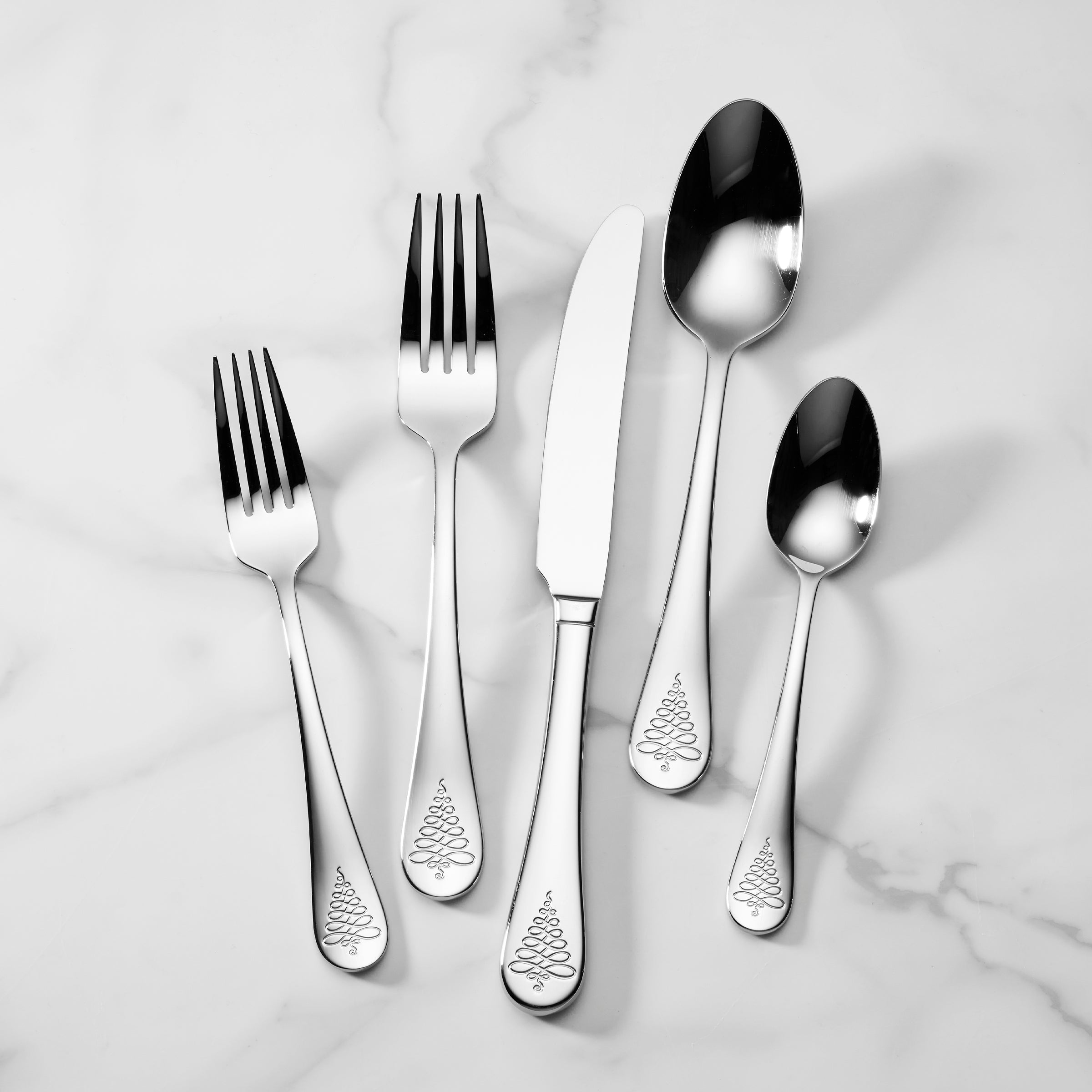 Noella 65-Piece Christmas Flatware Set with Evergreen Tree Design
