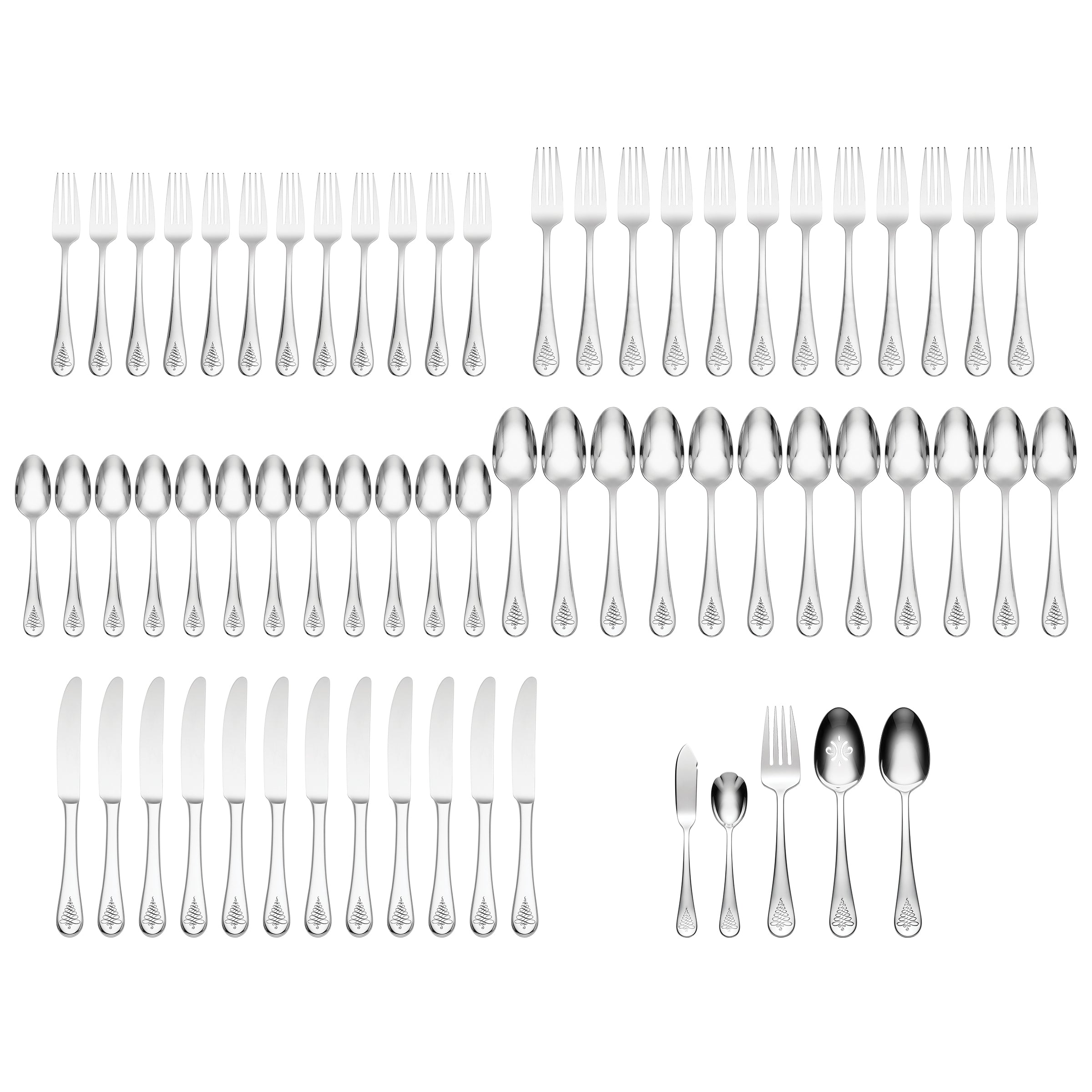 Noella 65-Piece Christmas Flatware Set with Evergreen Tree Design