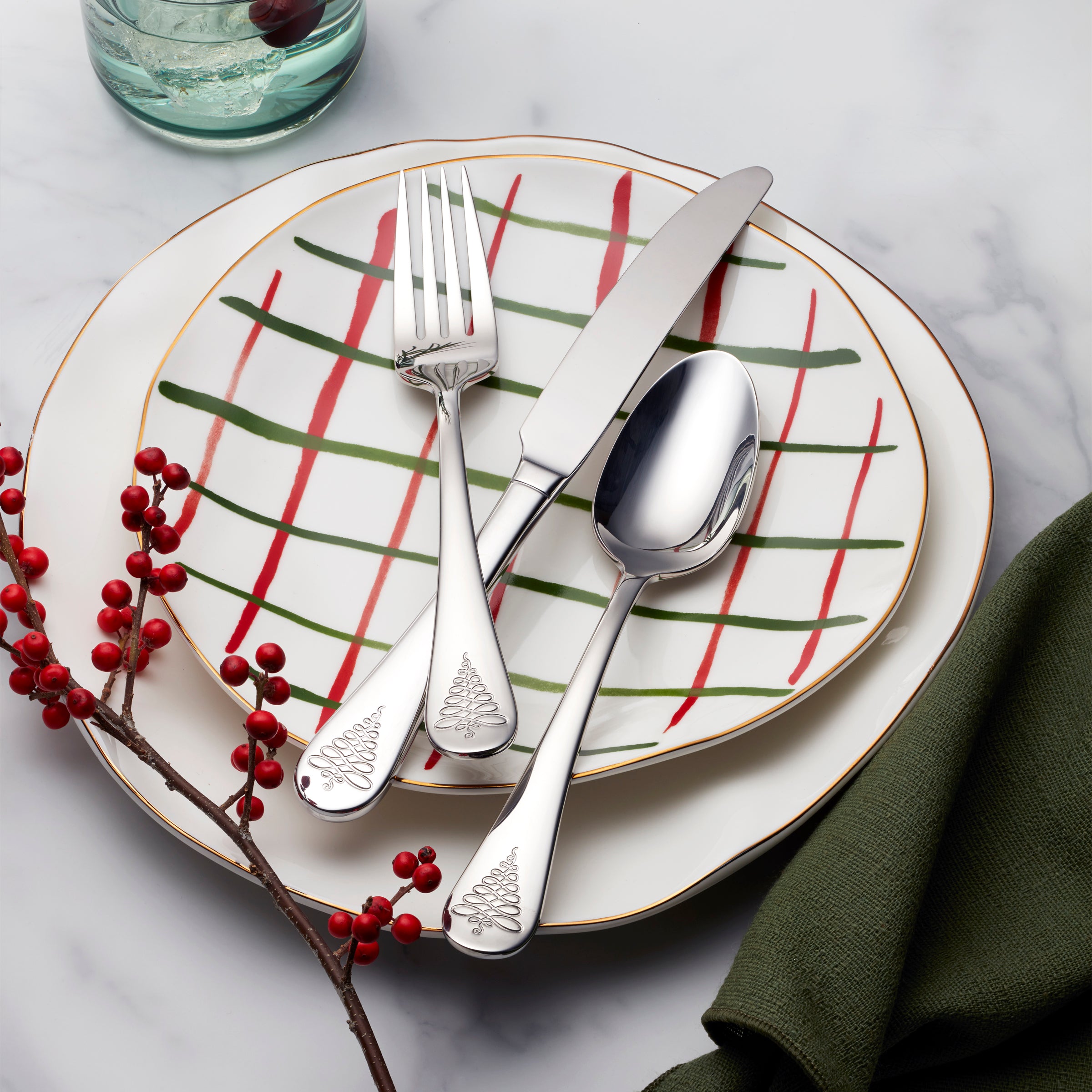 Noella 65-Piece Christmas Flatware Set with Evergreen Tree Design
