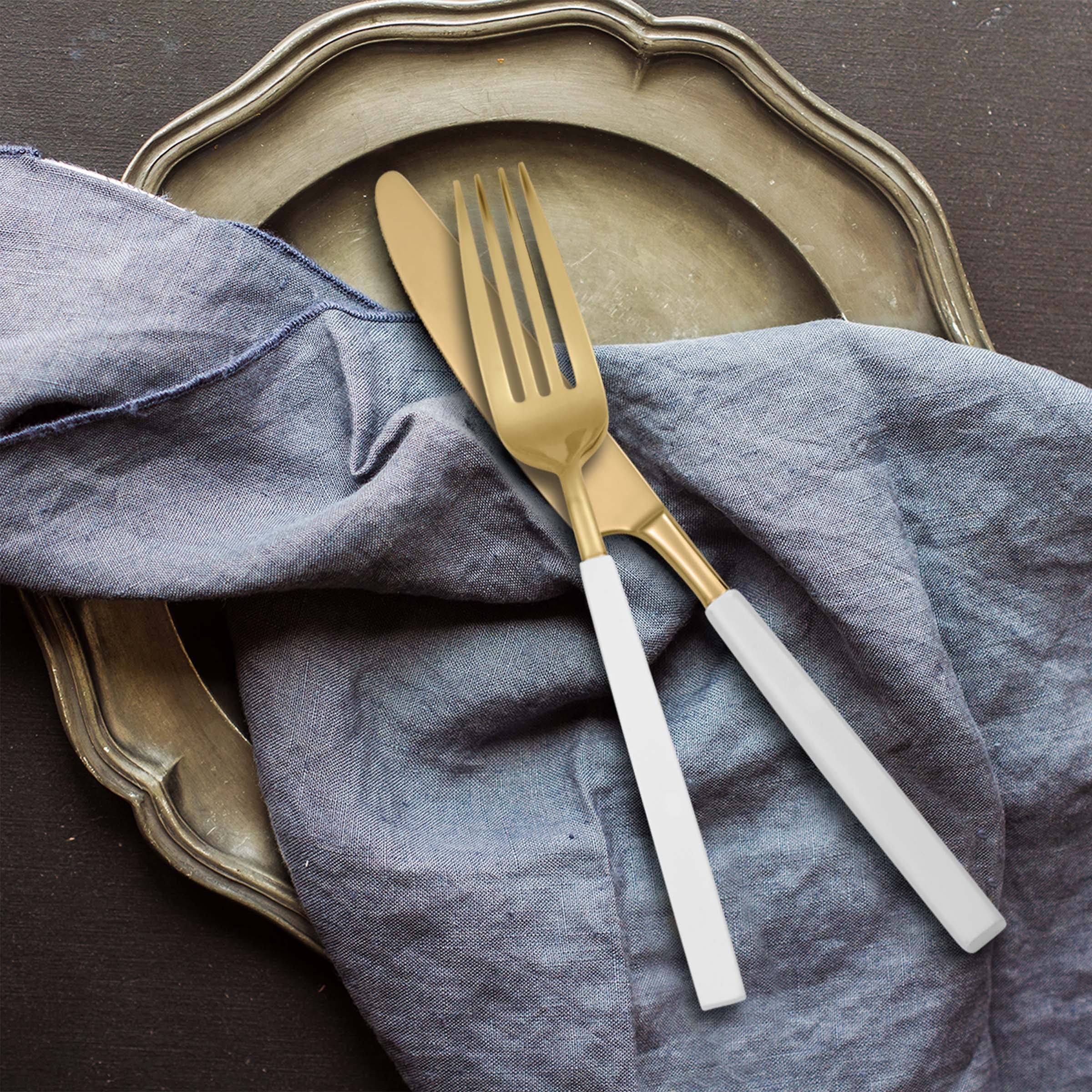 Marion Gold & White Enamel Flatware Set - 5-Piece Place Setting