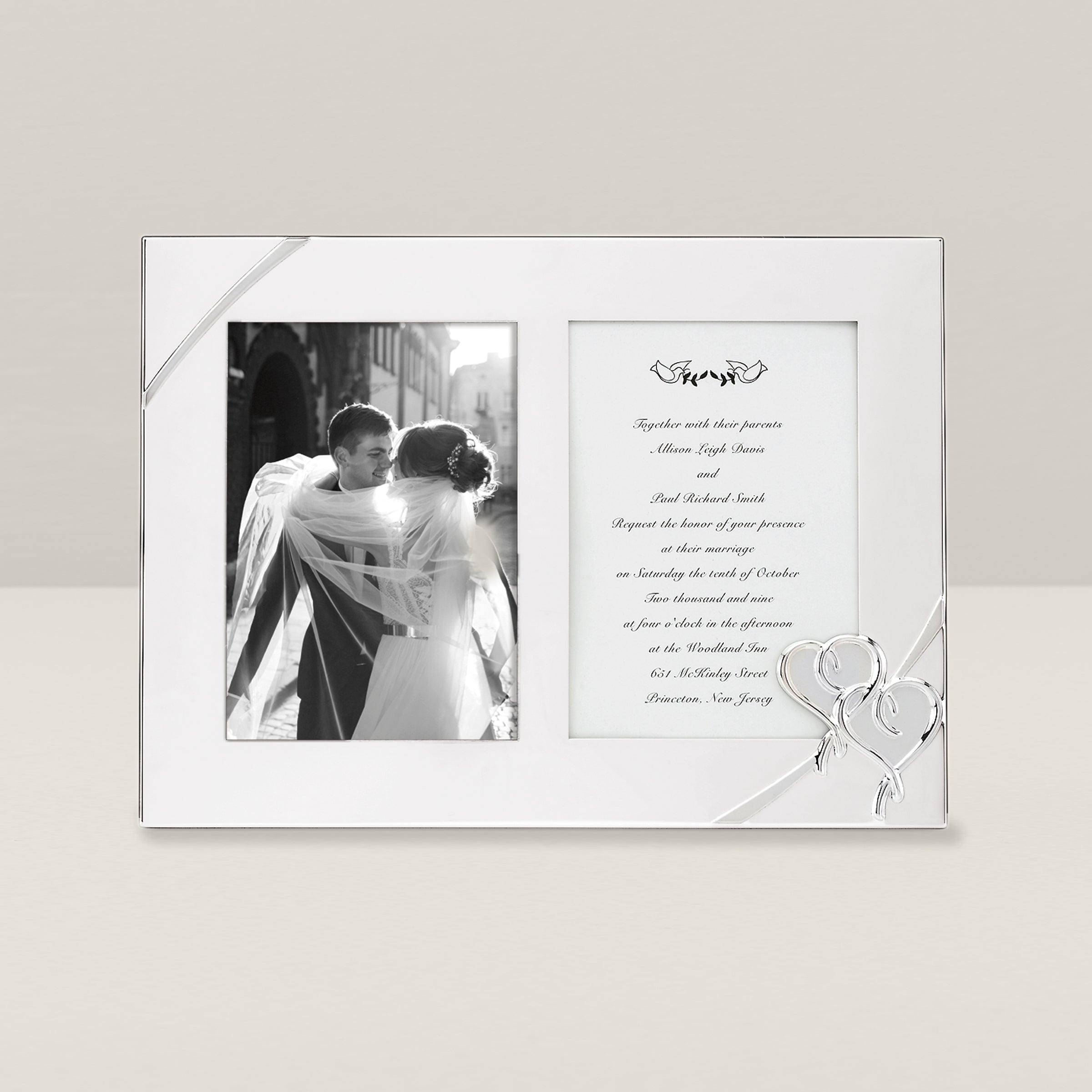 Silver-Plated Wedding Invitation Photo Frame - True Love Double Heart Design