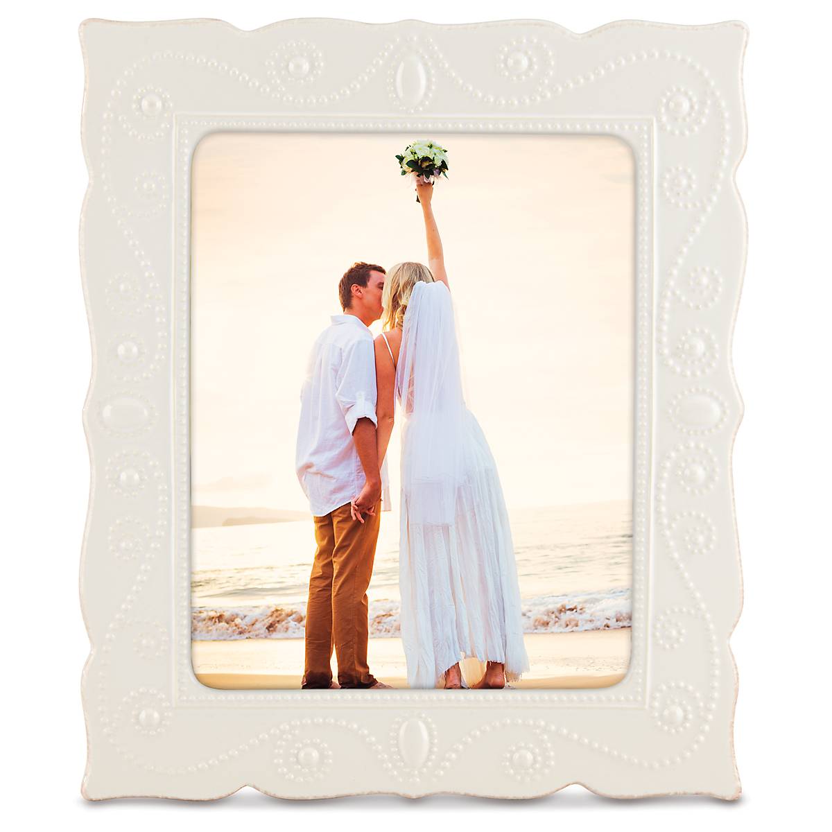 French Perle White Ceramic 8x10 Photo Frame - Antique Beaded Design