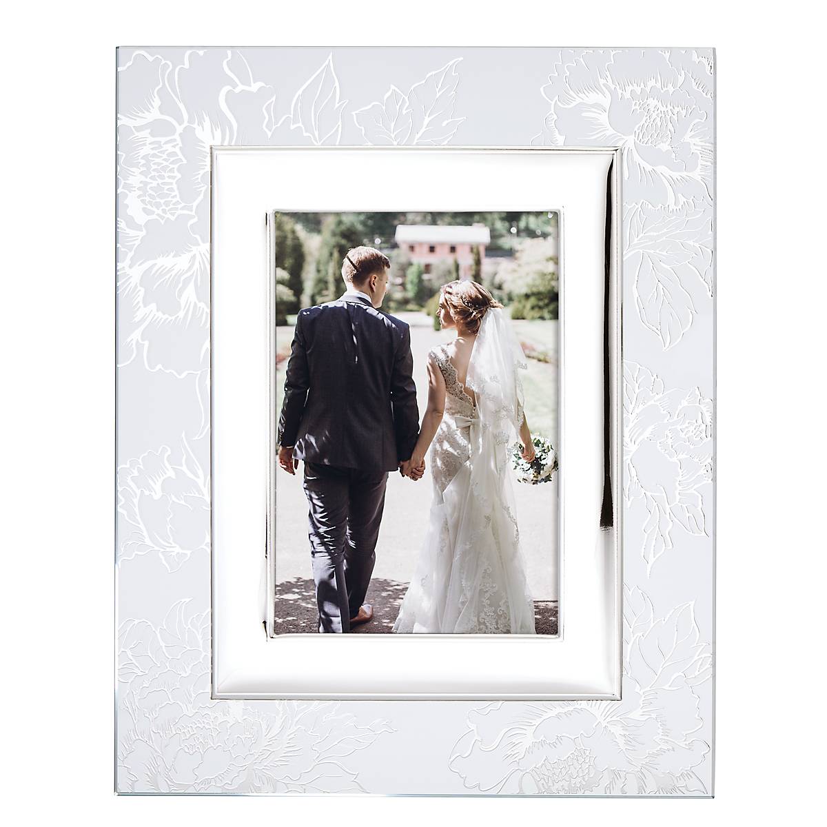 Silver Peony 5x7 Picture Frame with Floral Applique - Italian Crafted