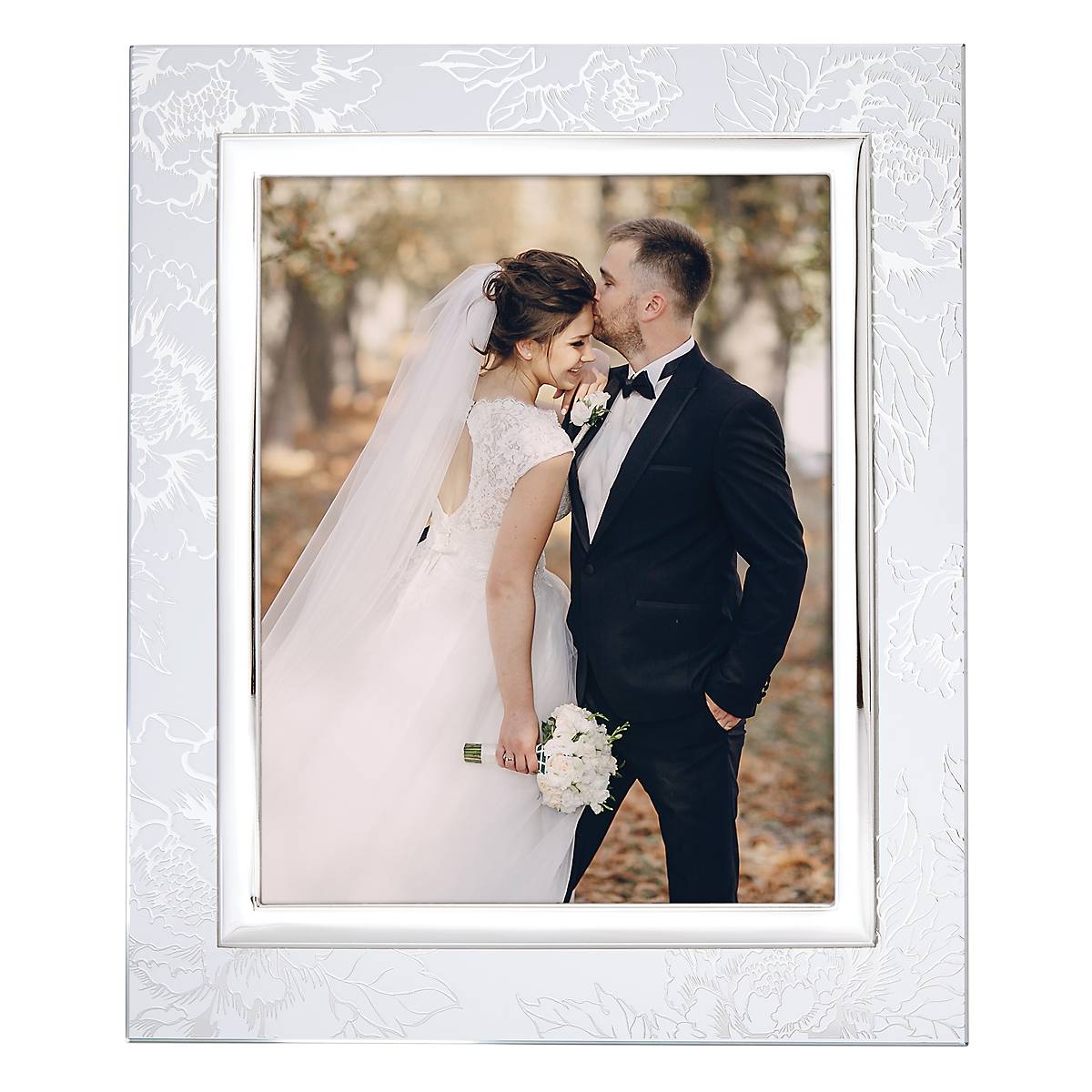 Silver Peony 8x10 Picture Frame with Floral Applique - Italian Crafted