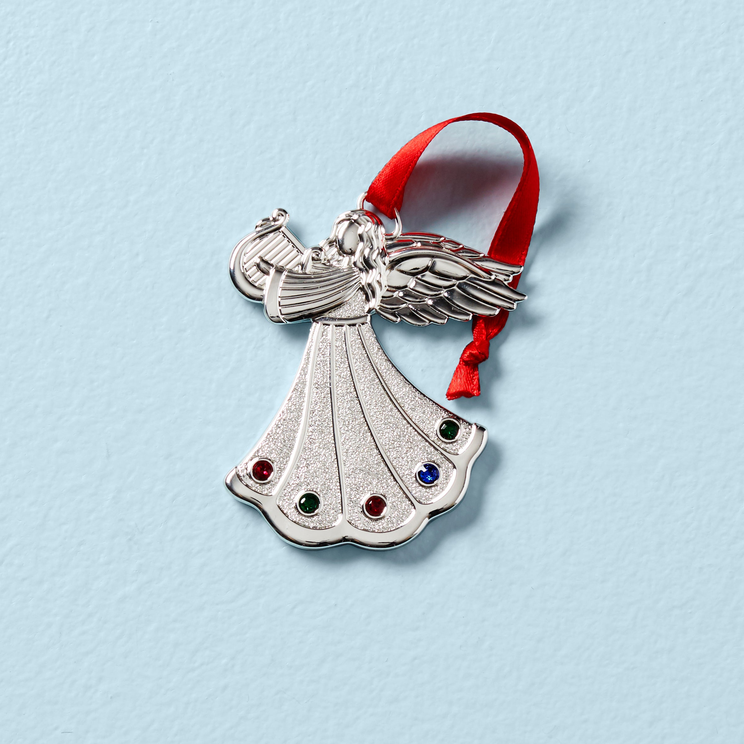 Silver Angel Charm Ornament with Multicolored Gems