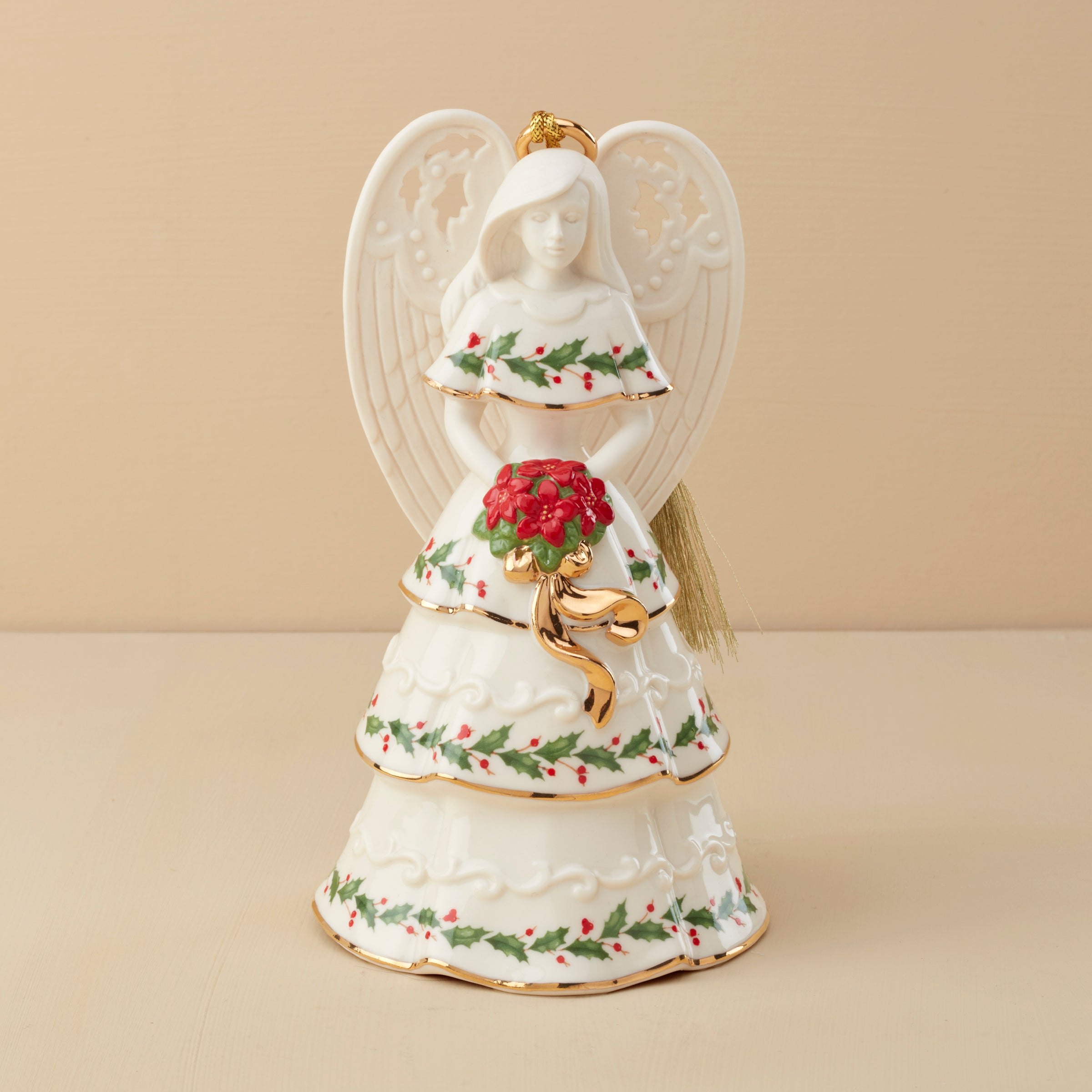 Handcrafted Angel Bell Christmas Ornament with Poinsettias