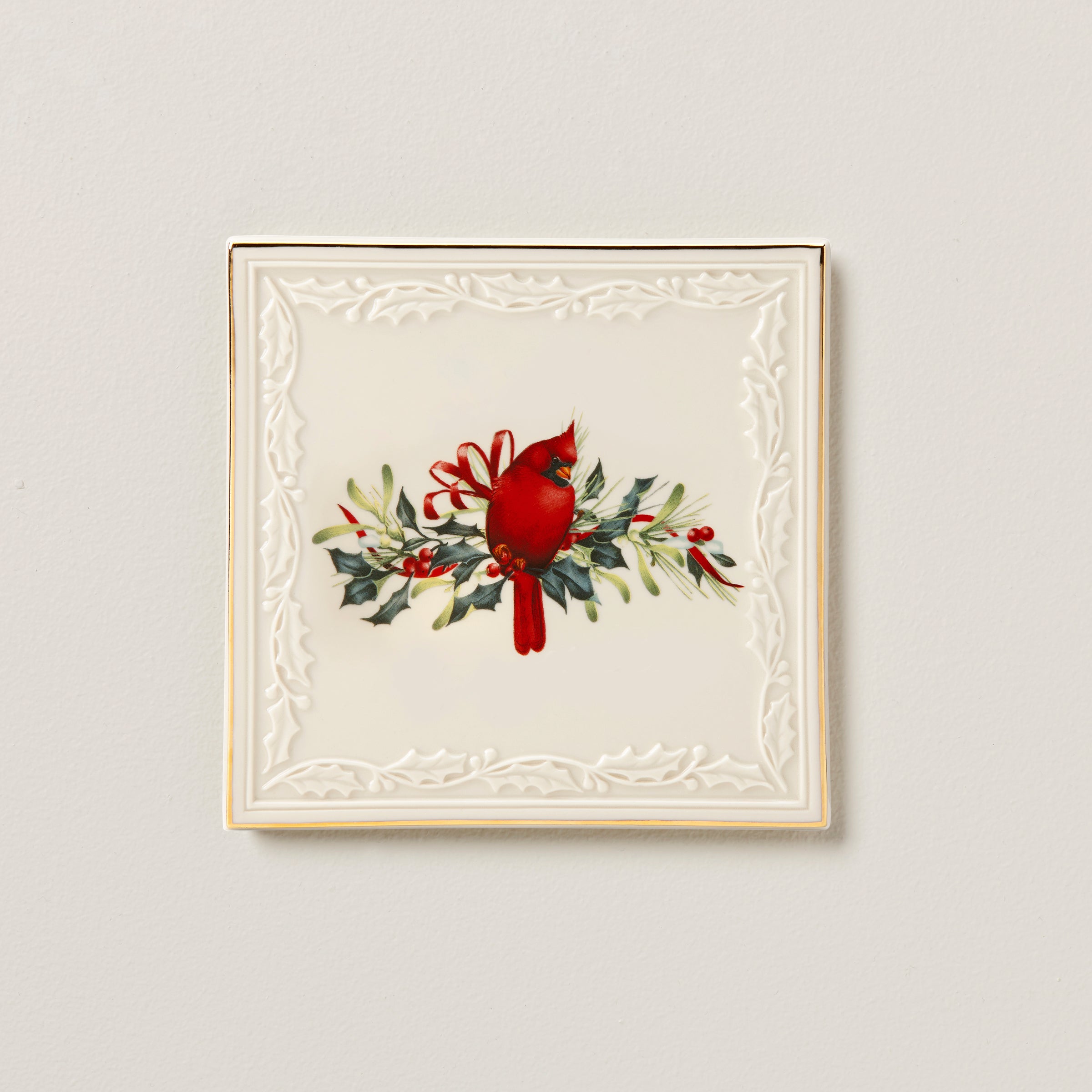 Winter Greetings Porcelain Trivet with Cardinal & Gold Accents